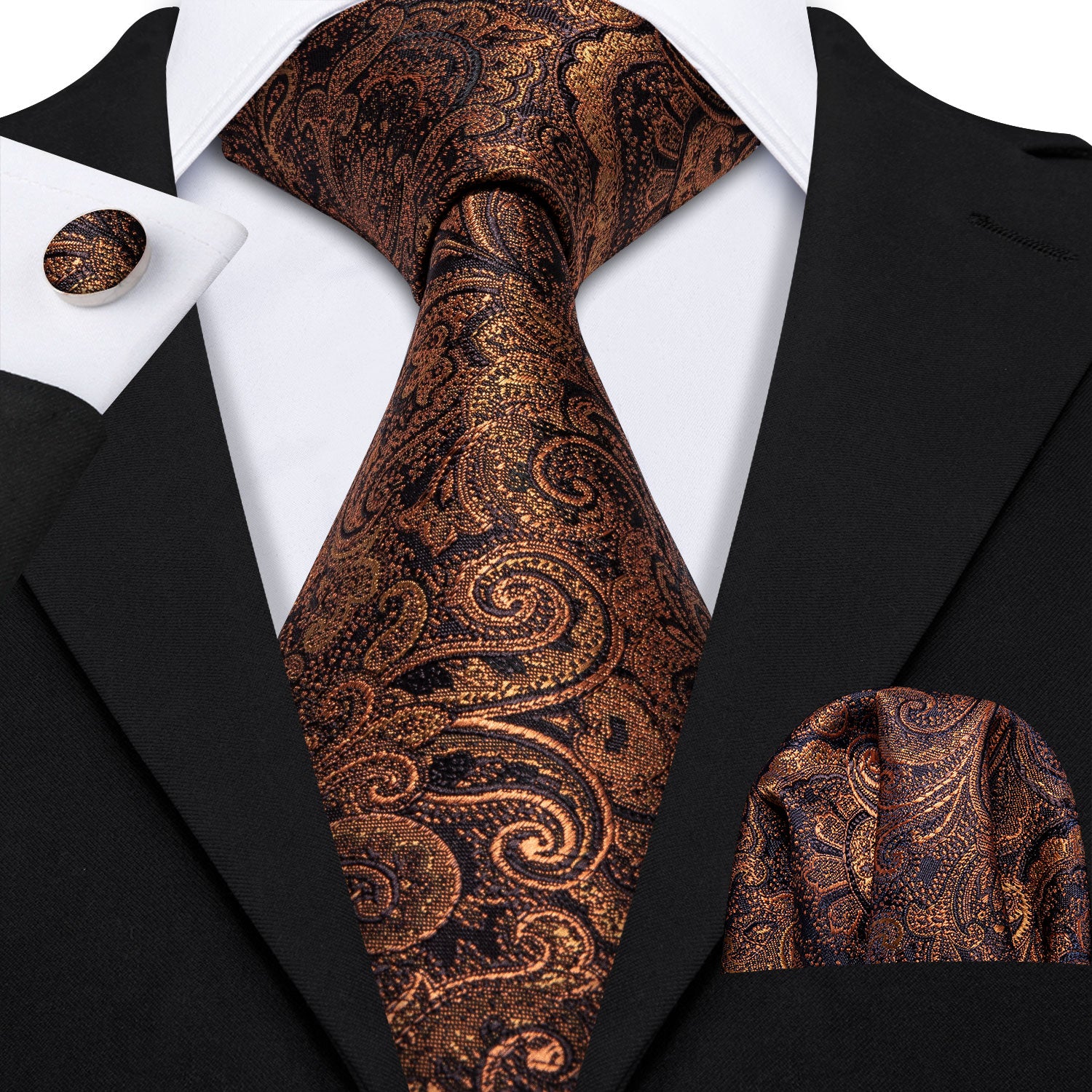  Brown Jacquard Paisley Men's Necktie Hanky Cufflinks Set