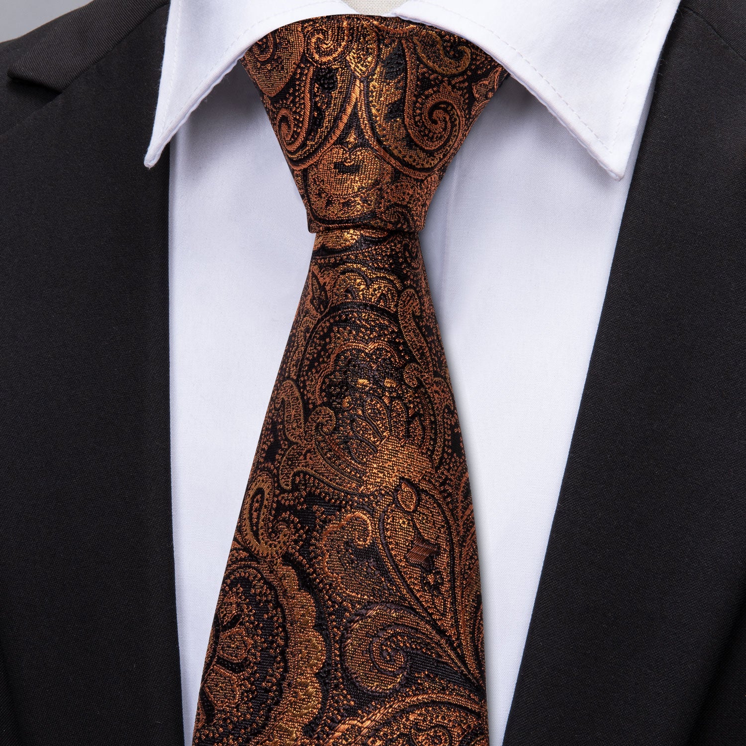  Brown Jacquard Paisley Men's Necktie Hanky Cufflinks Set