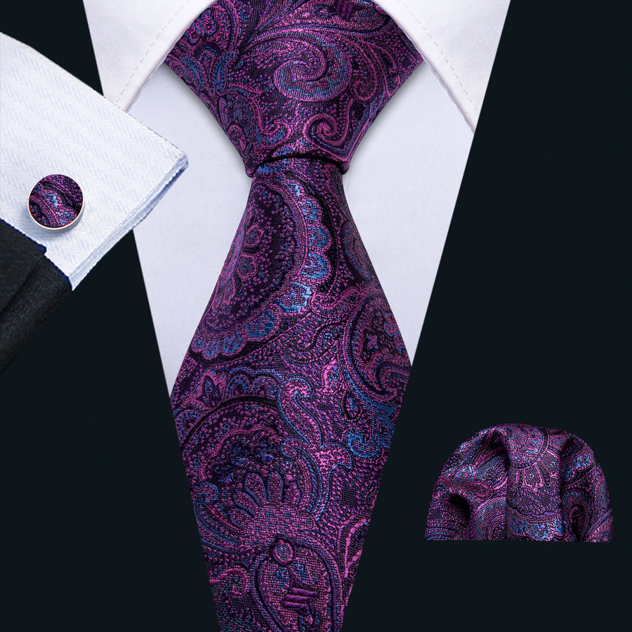 Barry Wang Purple Paisley Necktie Pocket Square Cufflinks Set