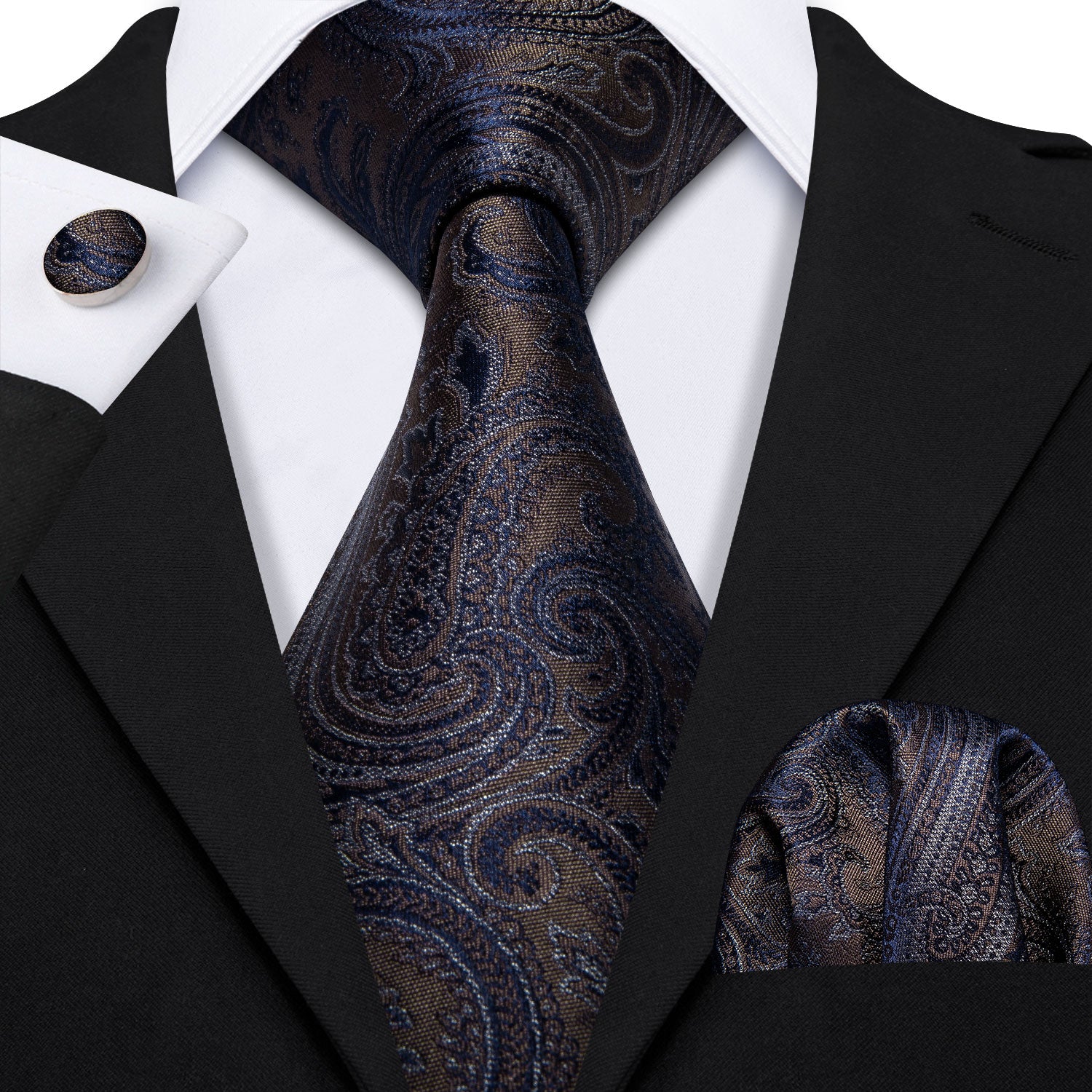 Black Brown Paisley Necktie Pocket Square Cufflinks Set