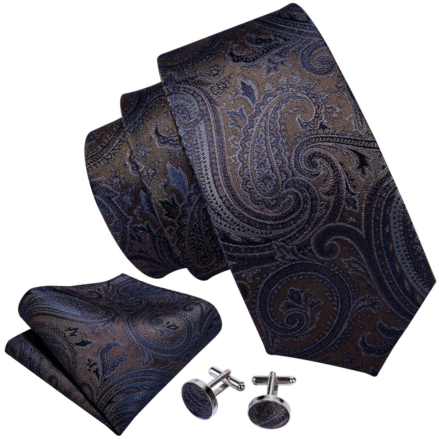 Black Brown Paisley Necktie Pocket Square Cufflinks Set