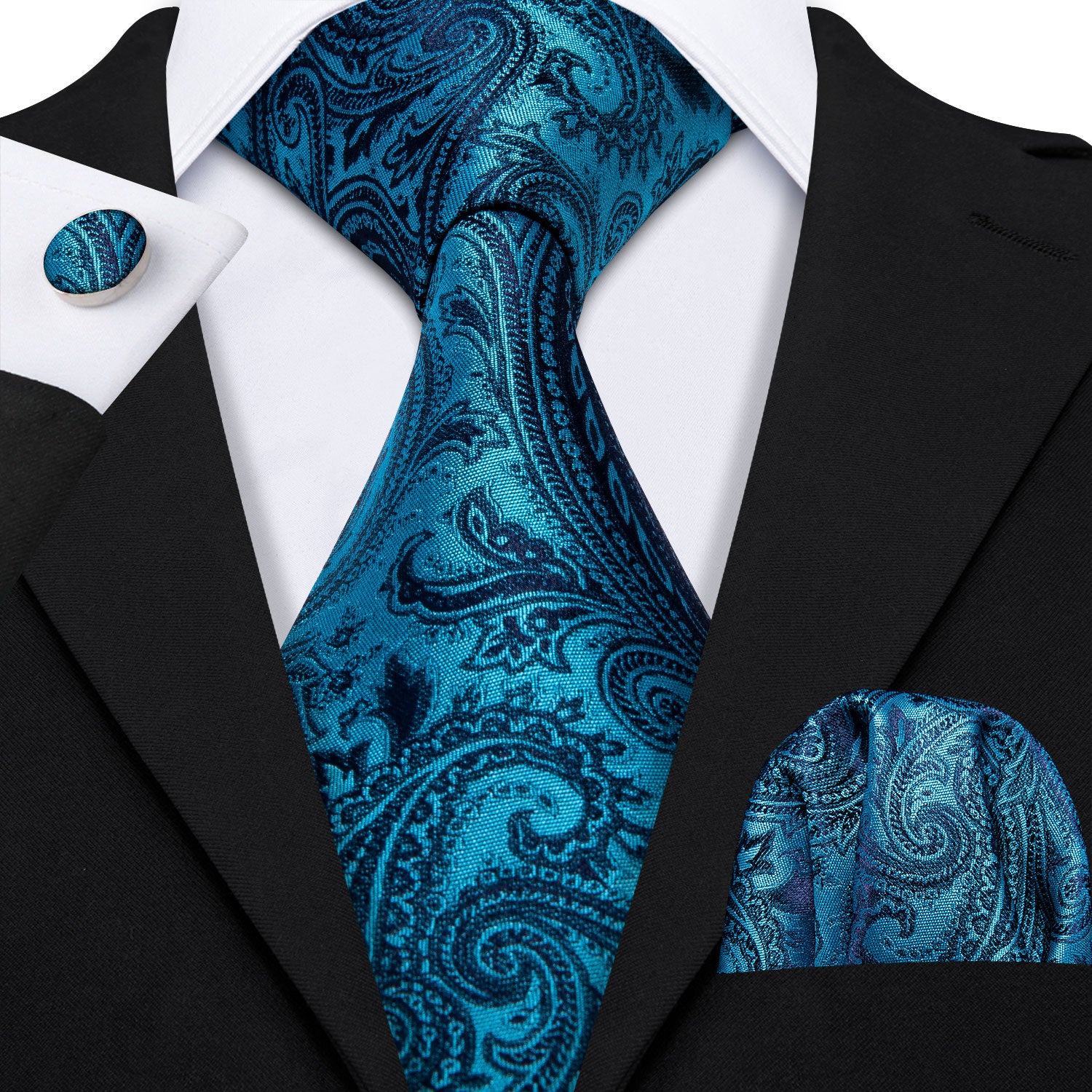 Sky -Blue Paisley Men's Necktie Pocket Square Cufflinks Set