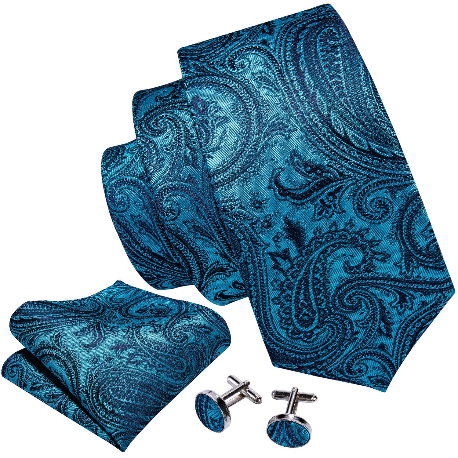 Sky -Blue Paisley Men's Necktie Pocket Square Cufflinks Set