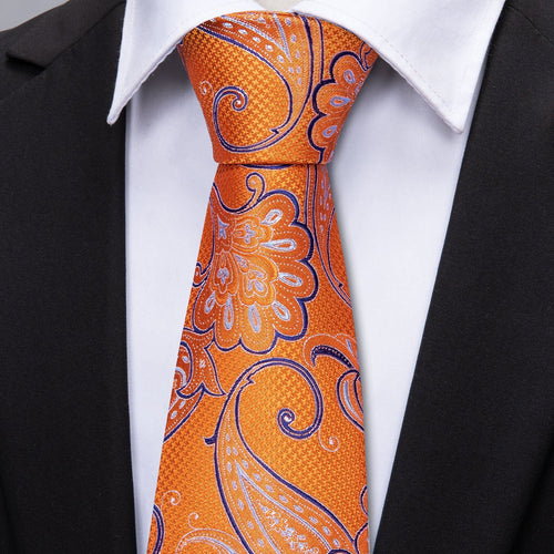 Orange Blue Paisley Men's Necktie Pocket Square Cufflinks Set