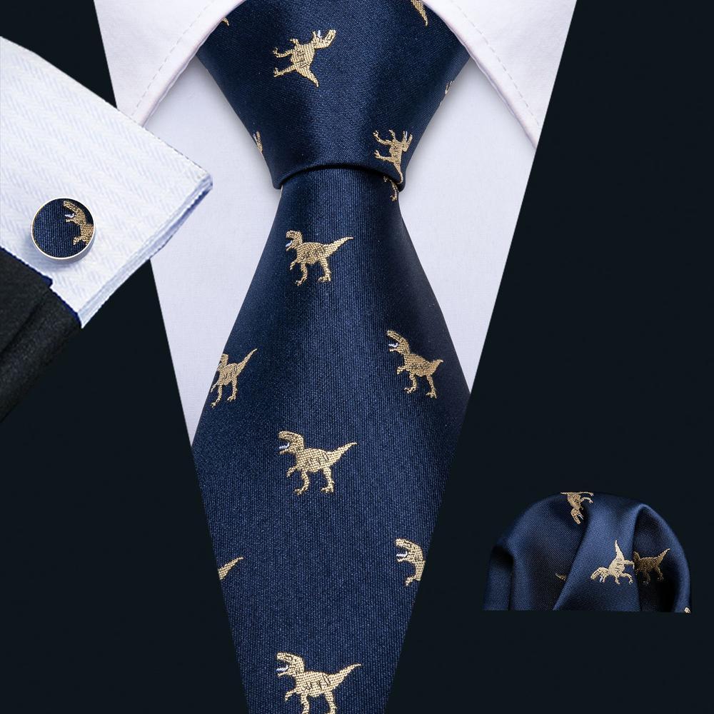 Novelty Blue Dinosaur Necktie Pocket Square Cufflink Clip Gift Box Set