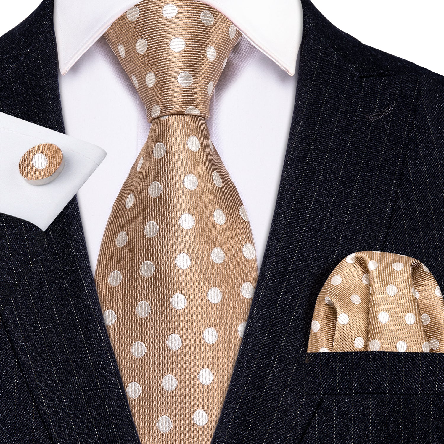 Khaki White Polka Dot Silk Men's Tie Pocket Square Cufflinks Set