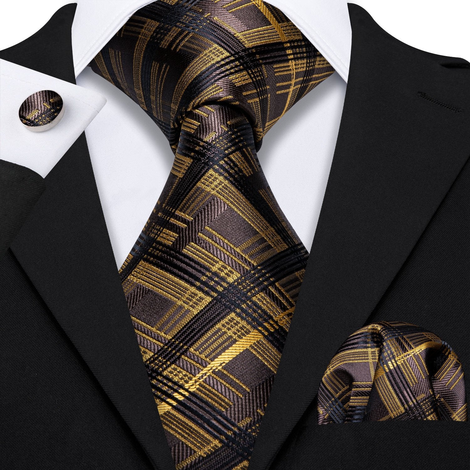 Brown Yellow Plaid Necktie Pocket Square Cufflink Clip Gift Box Set