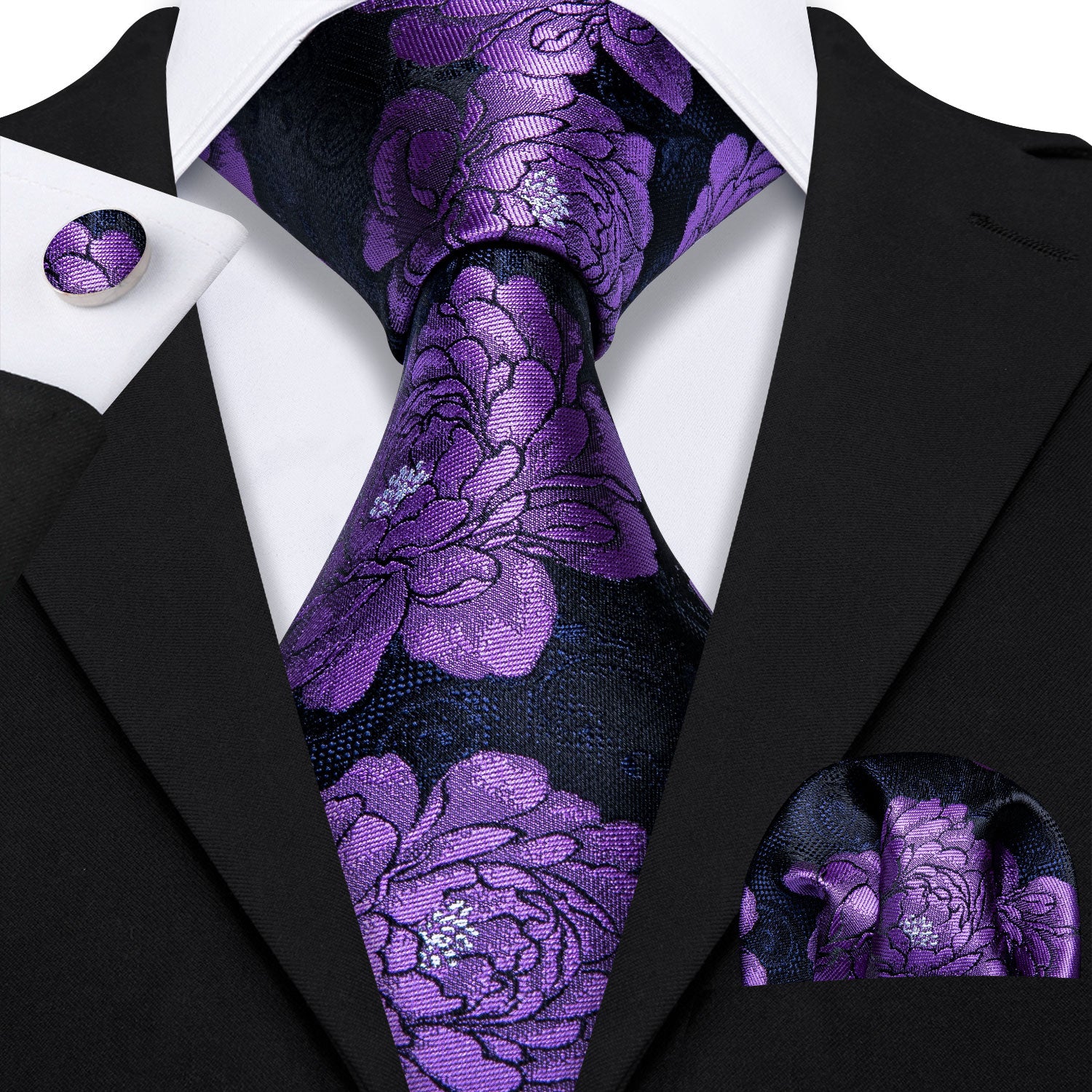 Luxury Purple Floral Tie Pocket Square Cufflinks Set