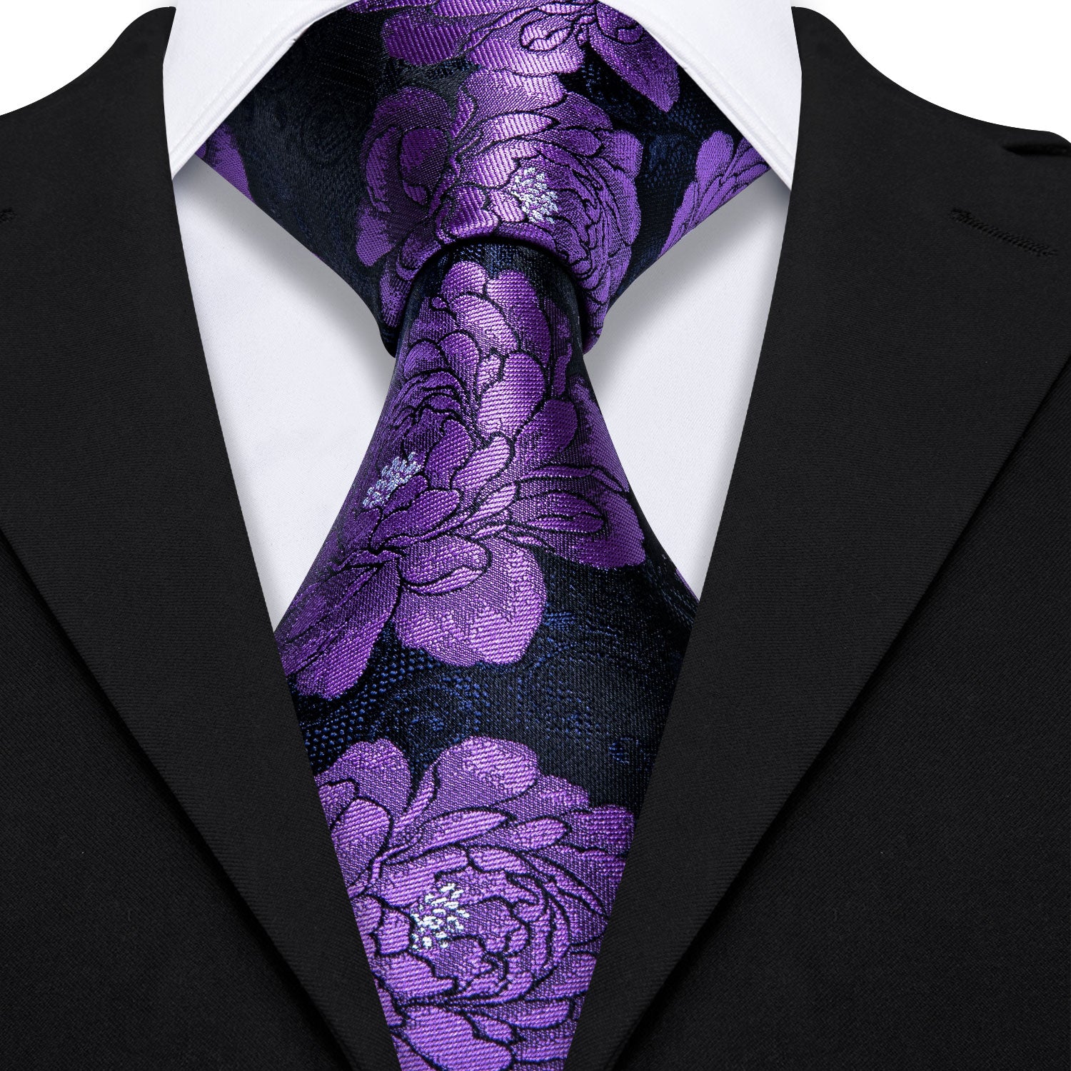 Luxury Purple Floral Tie Pocket Square Cufflinks Set