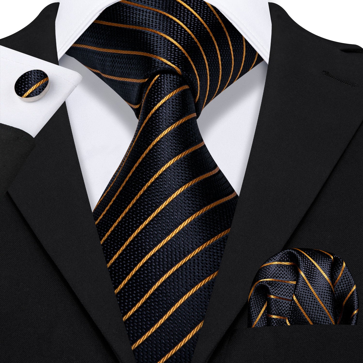 Gold Color Black Stripe Men's Tie Lapel Pin Brooch Silk Tie Hanky Cuff