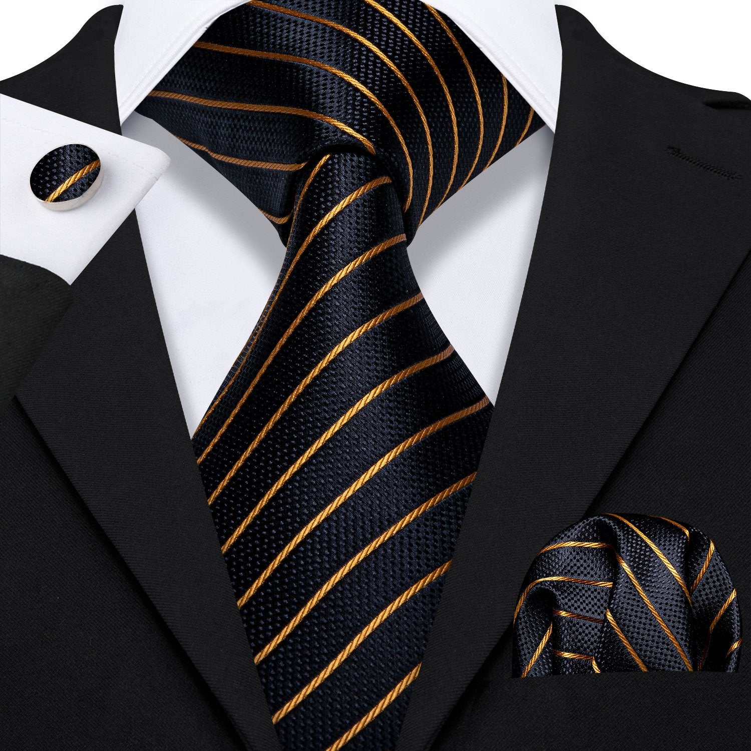 Gold Stripe Black Necktie Alloy Lapel Pin Brooch Pocket Square Cufflinks Gift Box Set