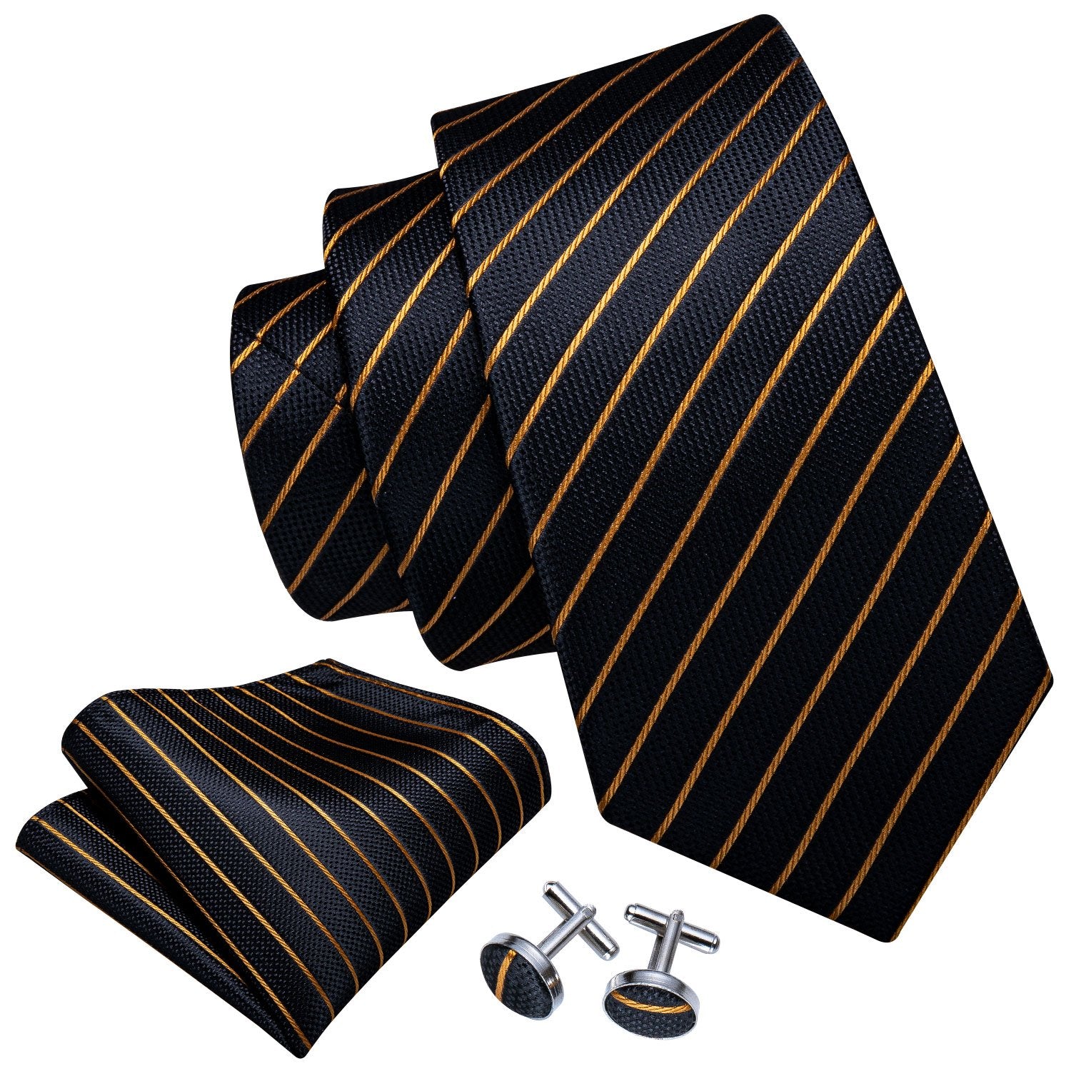  Black Gold Striped Necktie Hanky Cufflink Clip Gift Box Set