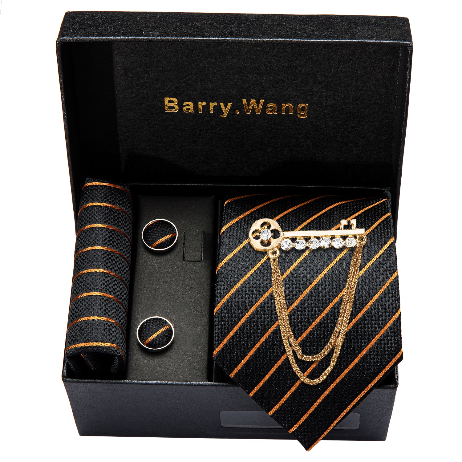 Gold Stripe Black Necktie Alloy Lapel Pin Brooch Pocket Square Cufflinks Gift Box Set