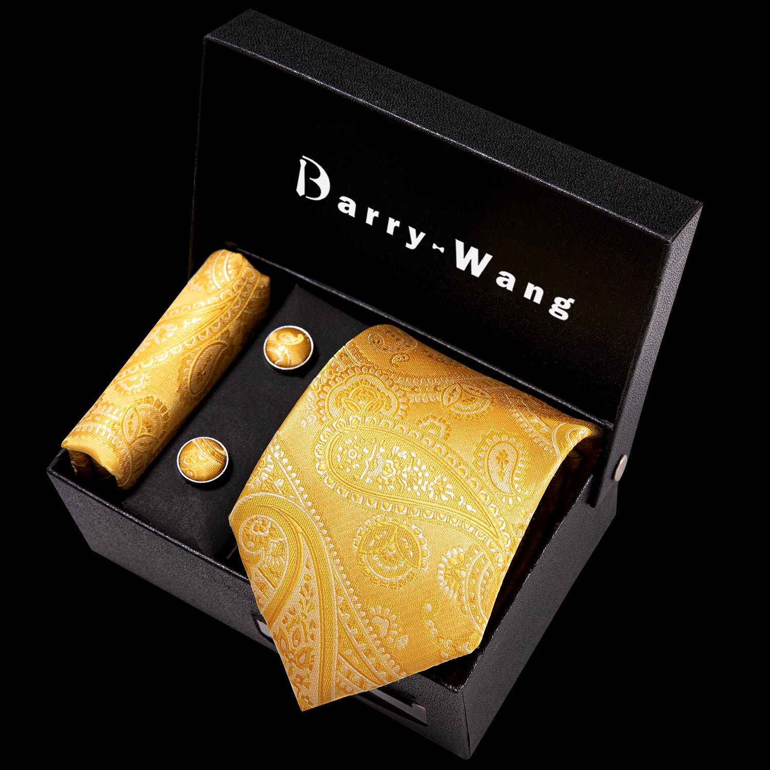 Golden Floral Silk Men's Necktie Pocket Square Cufflinks Gift Box Set