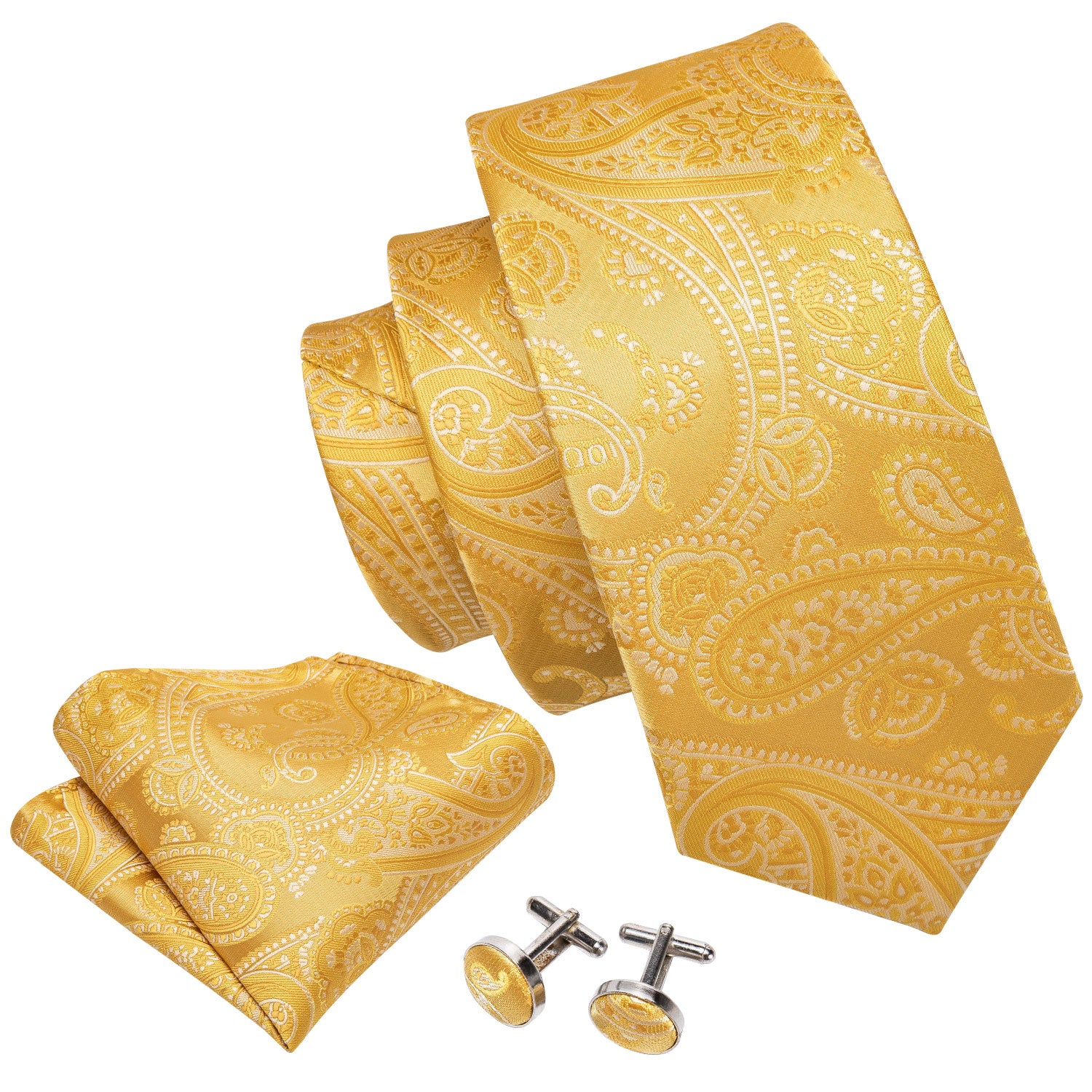 Golden Floral Silk Men's Necktie Pocket Square Cufflinks Gift Box Set