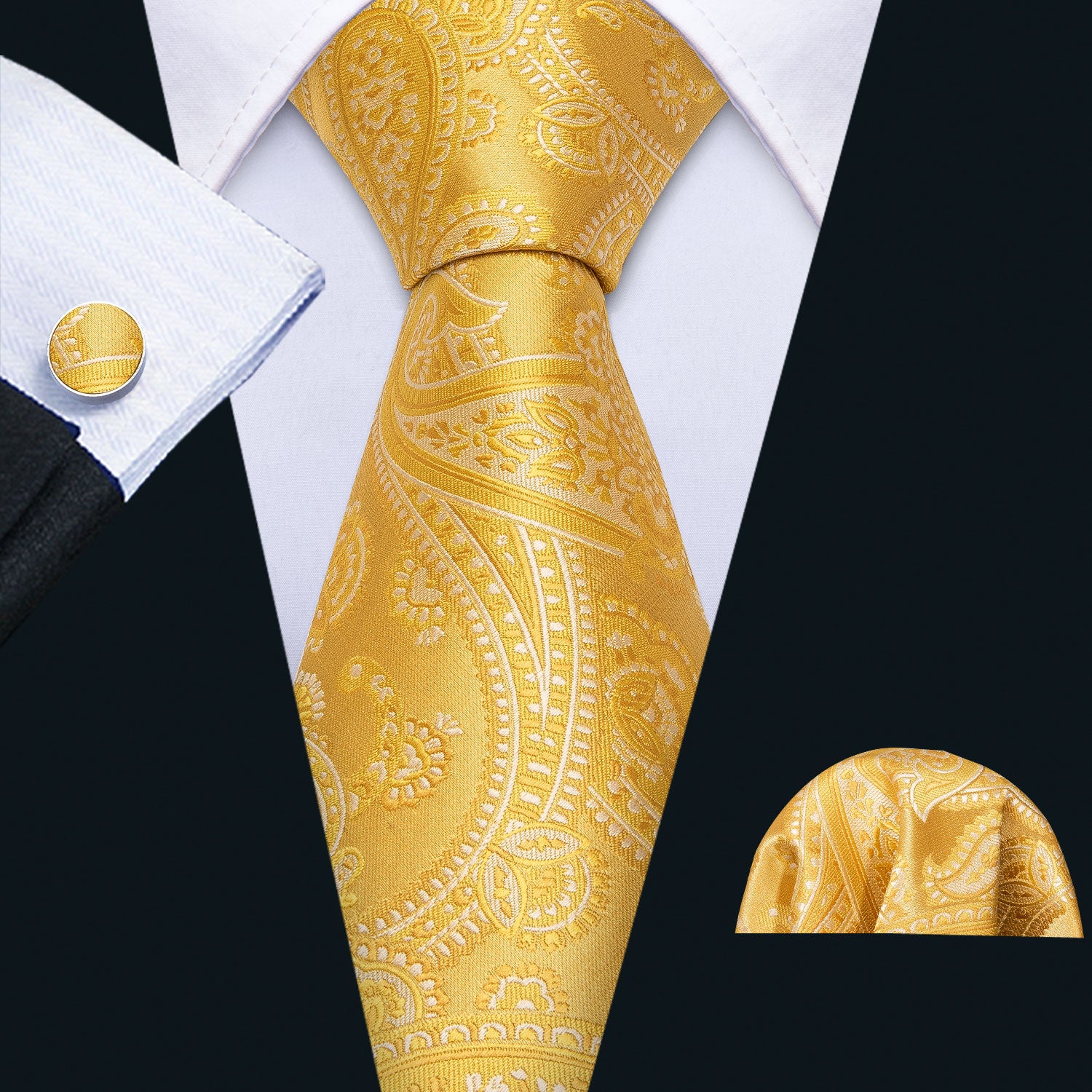 Golden Floral Silk Men's Necktie Pocket Square Cufflinks Gift Box Set