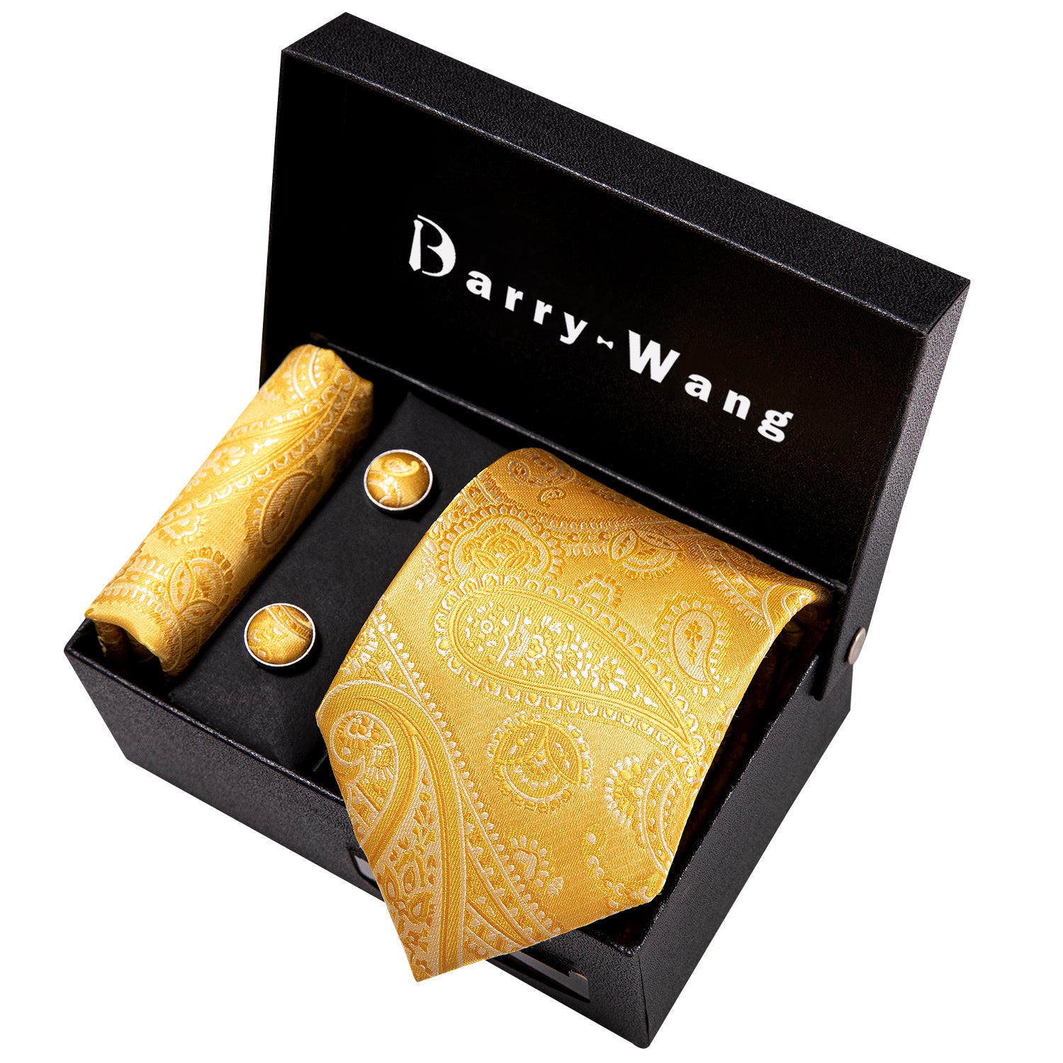 Gold Color Floral Necktie Alloy Lapel Pin Brooch Pocket Square Cufflinks Gift Box Set