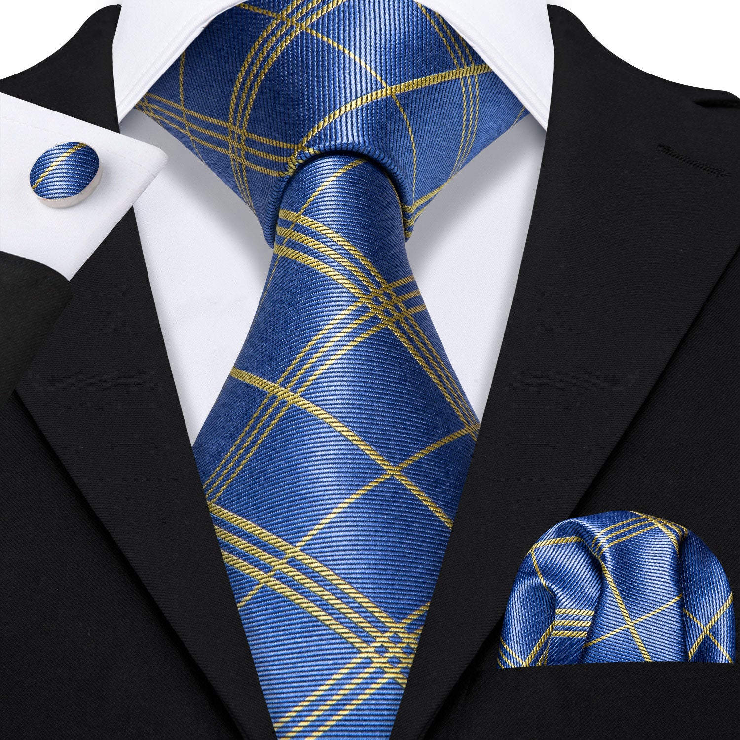 Light Blue Yellow Stripe Plaid Tie Pocket Square Cufflinks Set