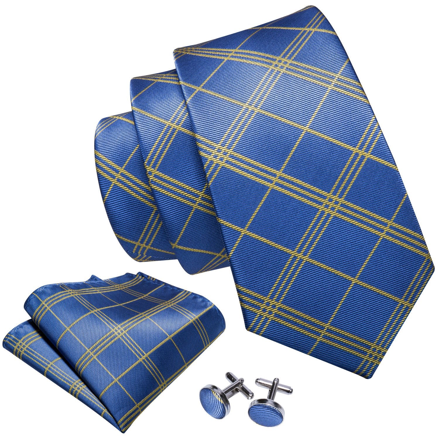 Blue Yellow Stripe Necktie Hanky Cufflink Clip Gift Box Set