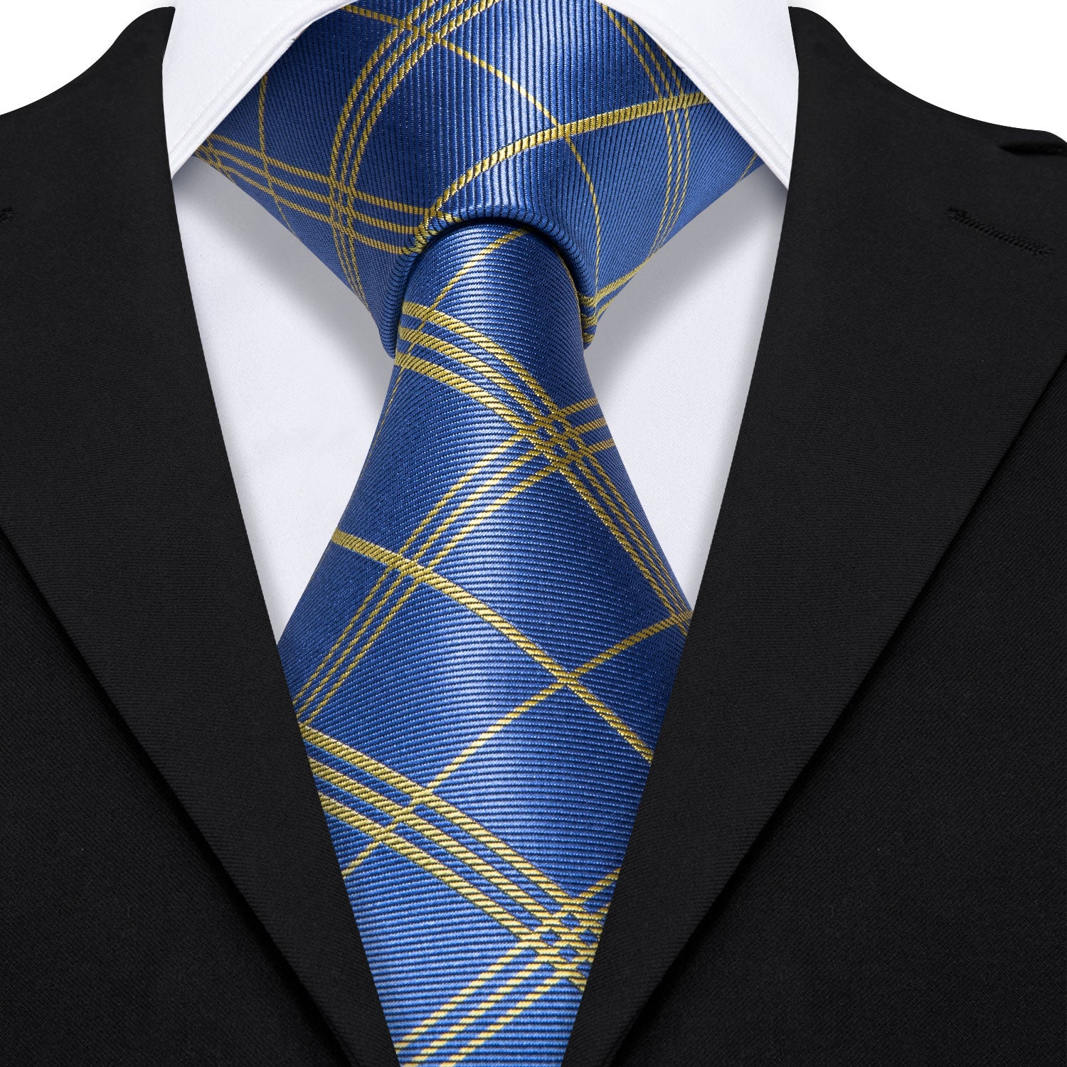 Light Blue Yellow Stripe Plaid Tie Pocket Square Cufflinks Set