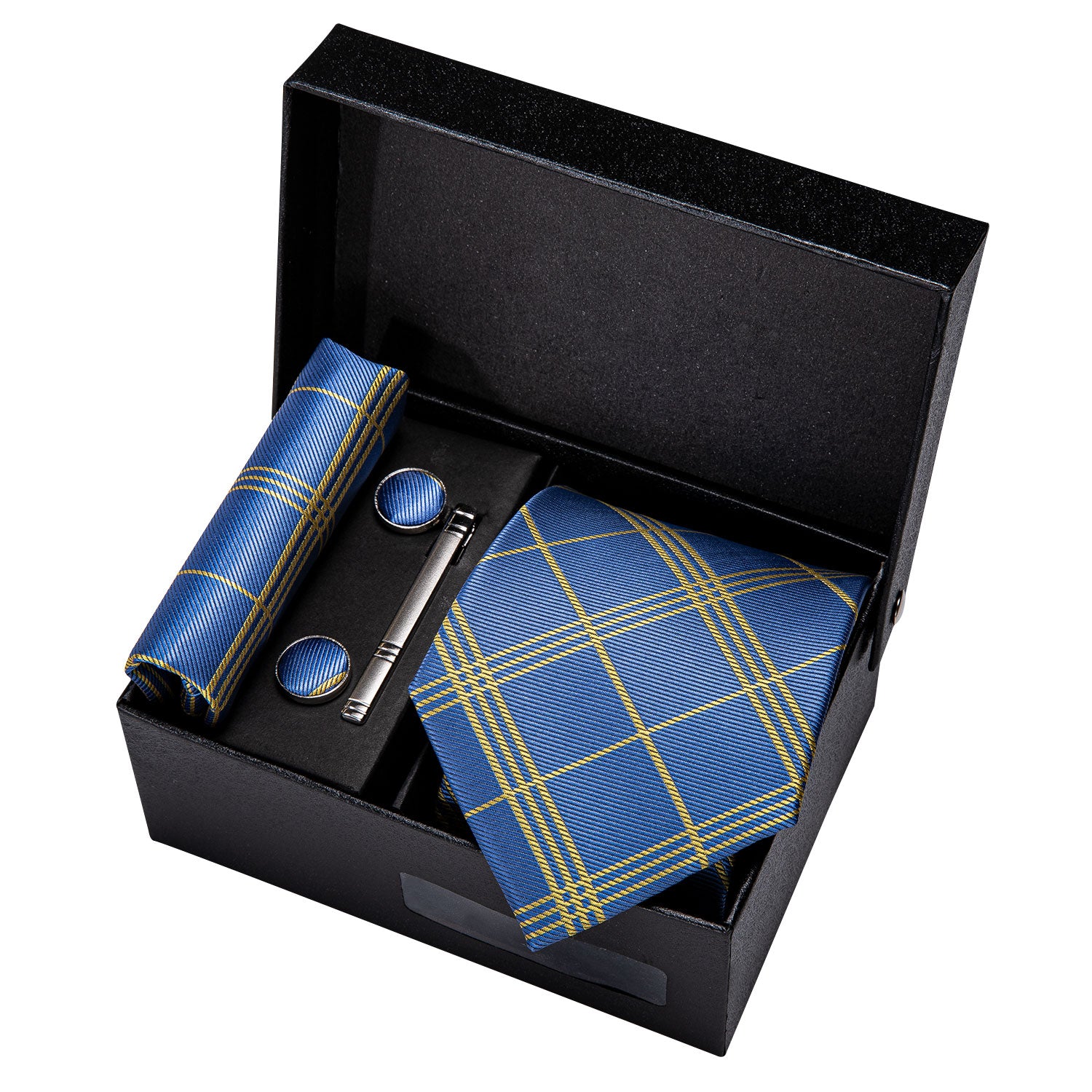 Blue Yellow Stripe Necktie Hanky Cufflink Clip Gift Box Set