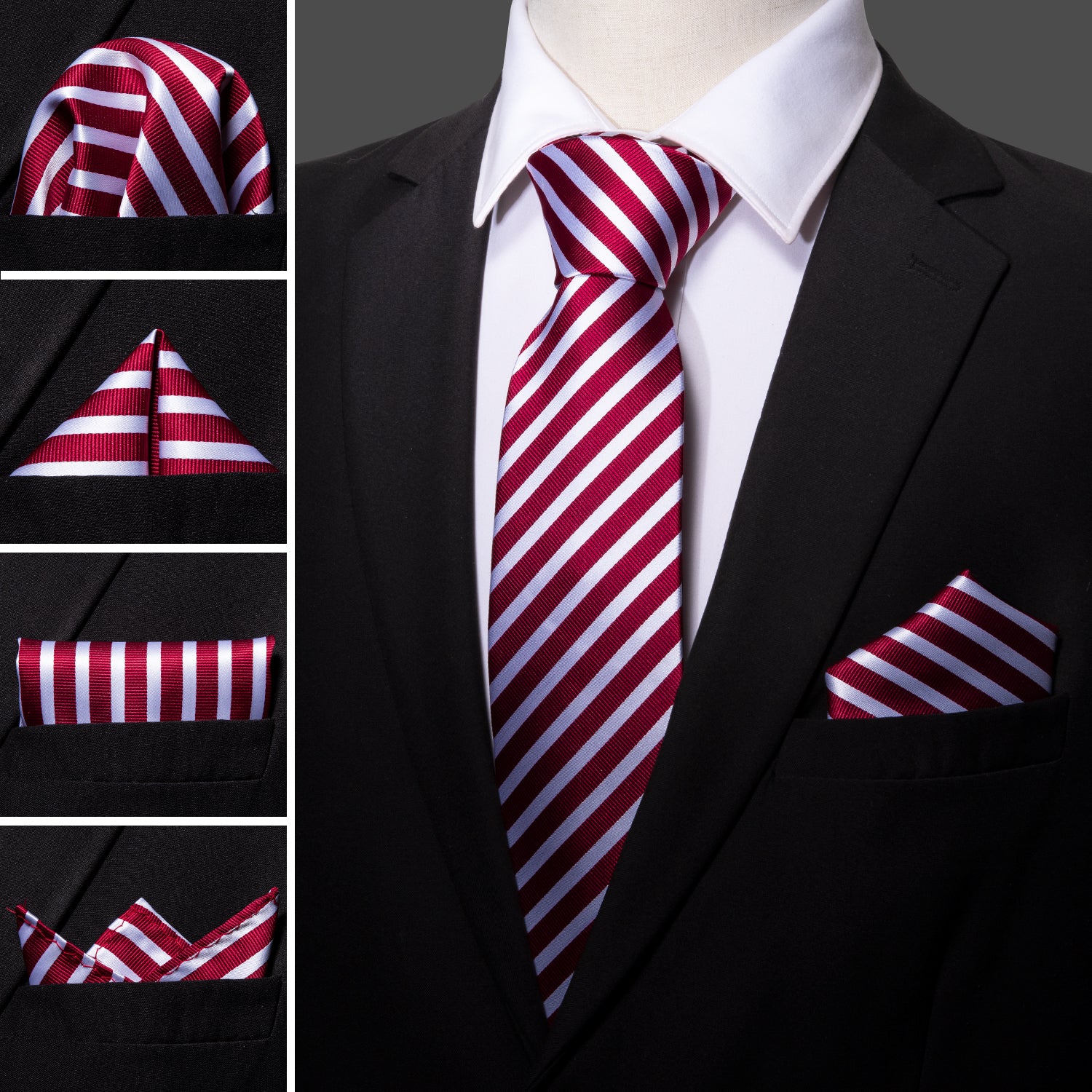 White Red Stripe Tie Hanky Cufflinks Gift Box Set for Men