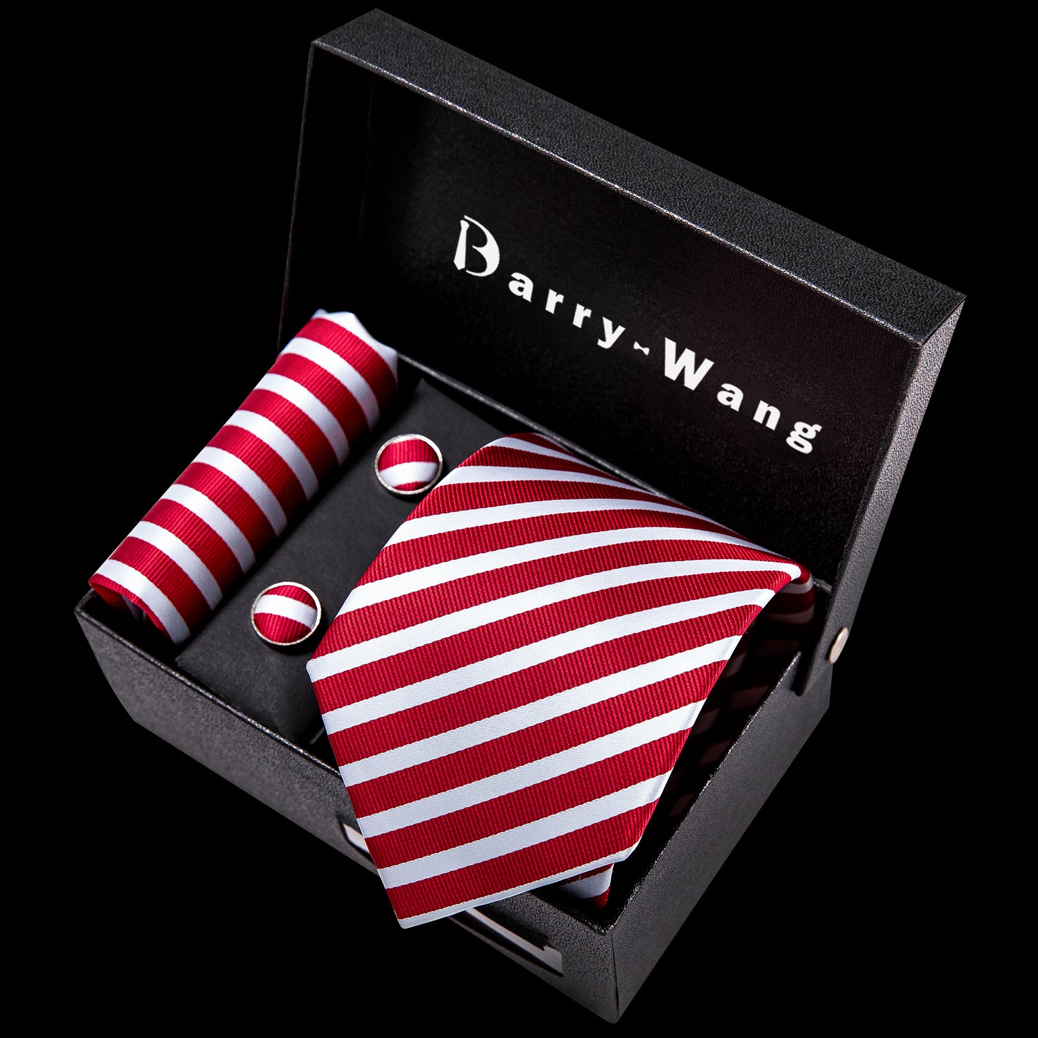 White Red Stripe Tie Hanky Cufflinks Gift Box Set for Men