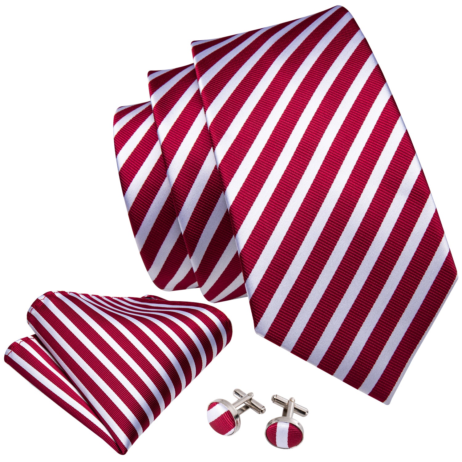 White Red Stripe Tie Hanky Cufflinks Gift Box Set for Men