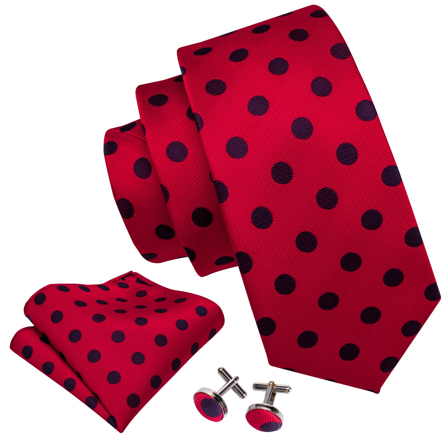 Red Polka Dot Necktie Pocket Square Cufflinks Set