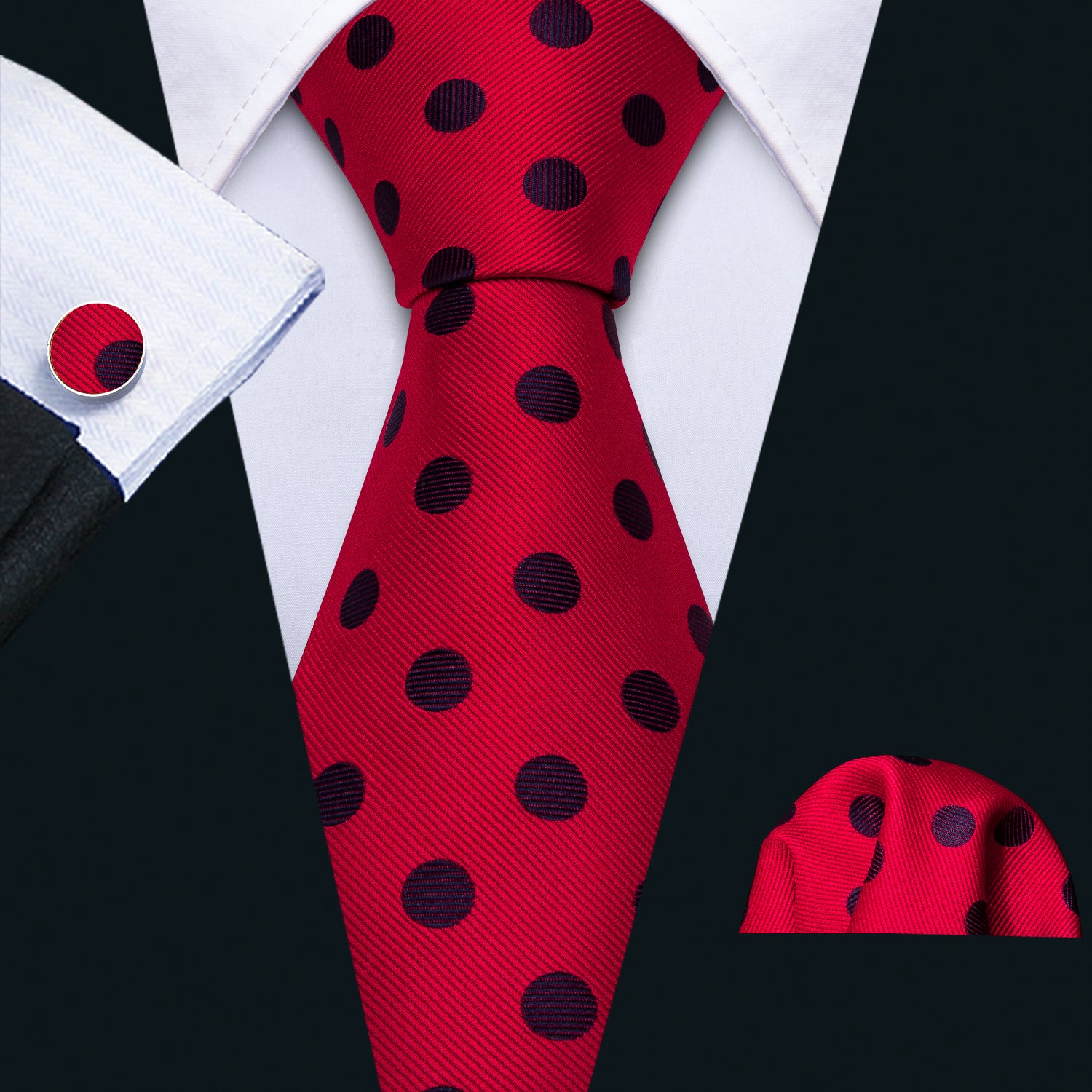 Red Polka Dot Necktie Pocket Square Cufflinks Set