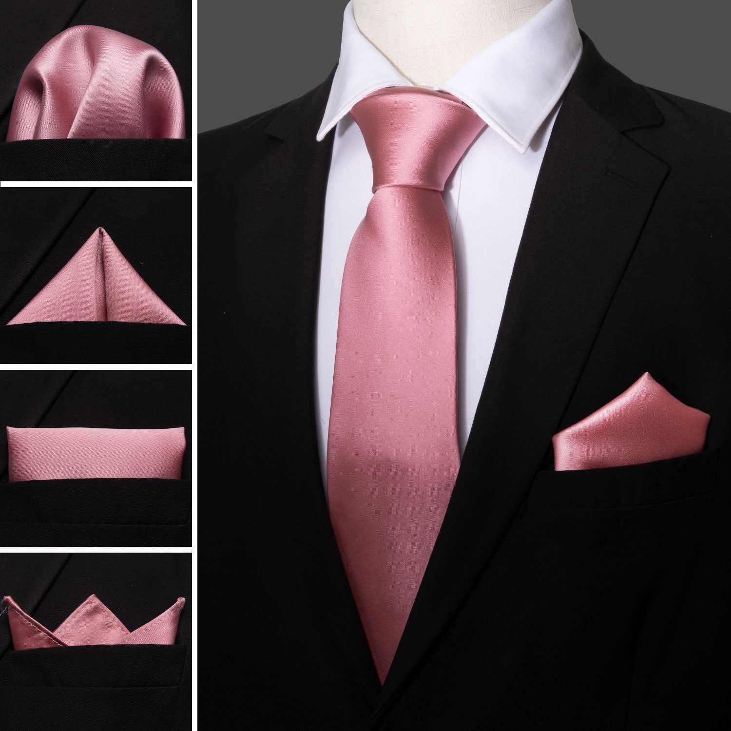 Pink Solid Tie Hanky Cufflinks Set