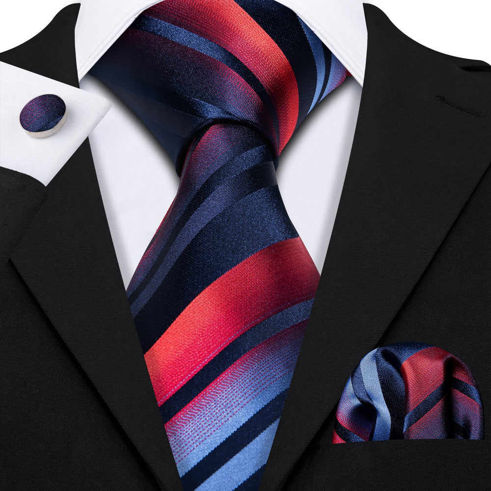 Blue Red Gradient Stripe Necktie Alloy Lapel Pin Brooch Pocket Square