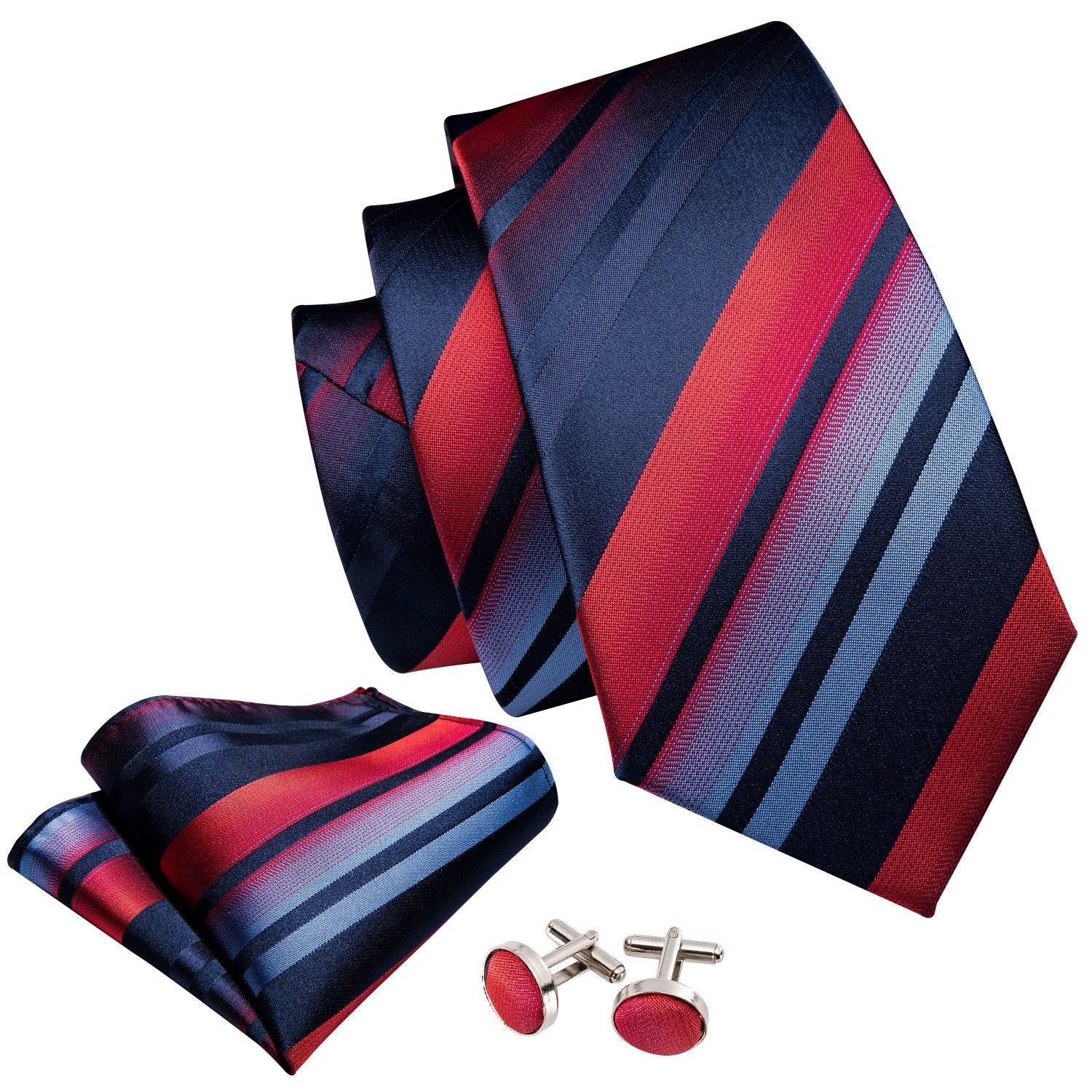 Barry Wang Blue Red Gradient Stripe Necktie Alloy Lapel Pin Brooch Pocket Square Cufflinks Gift Box Set