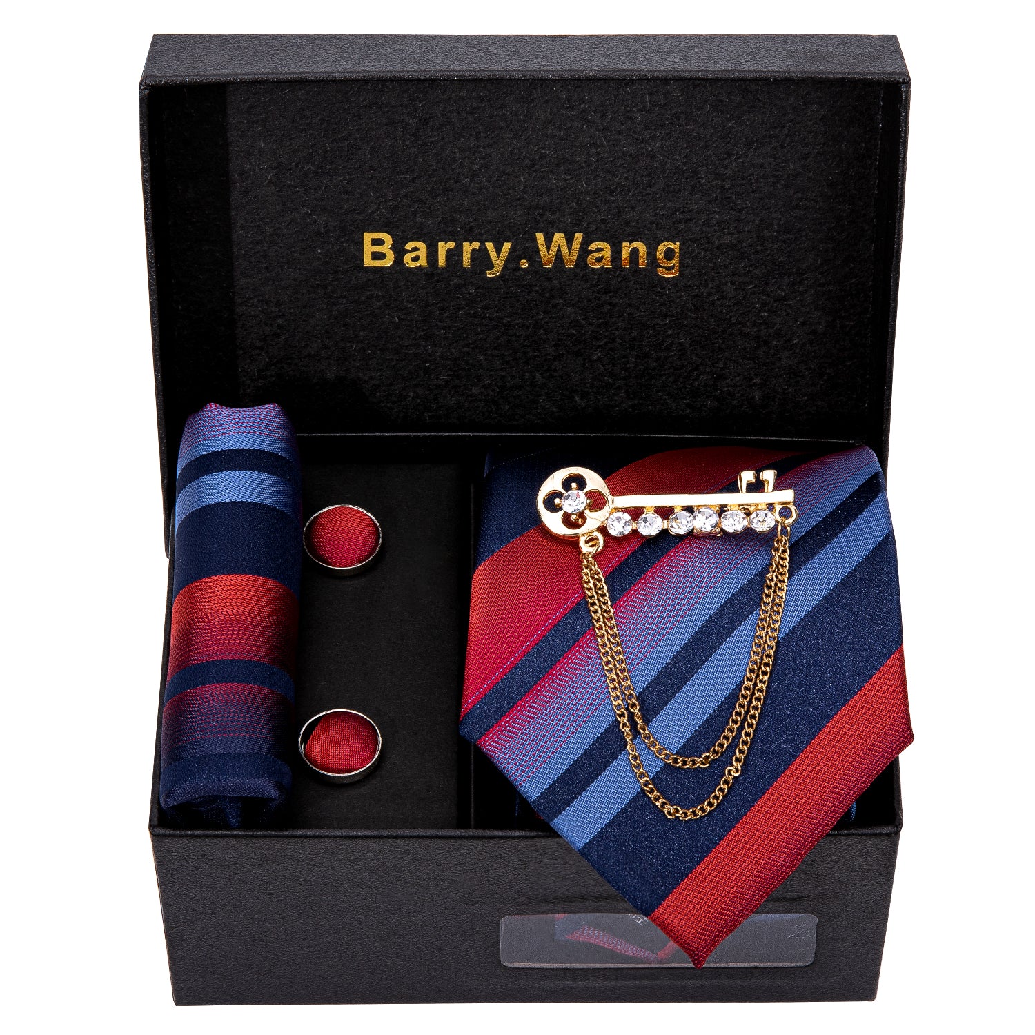 Barry Wang Blue Red Gradient Stripe Necktie Alloy Lapel Pin Brooch Pocket Square Cufflinks Gift Box Set