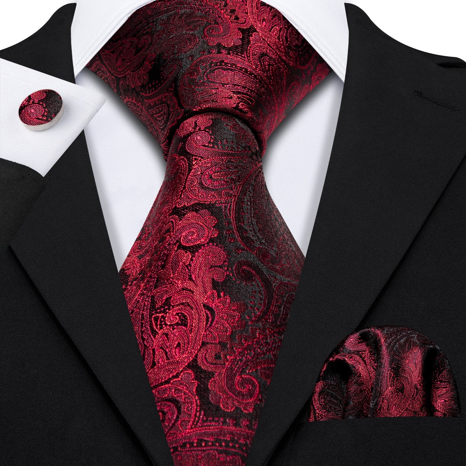 Black Red Paisley Tie Alloy Lapel Pin Brooch Gift Box Set