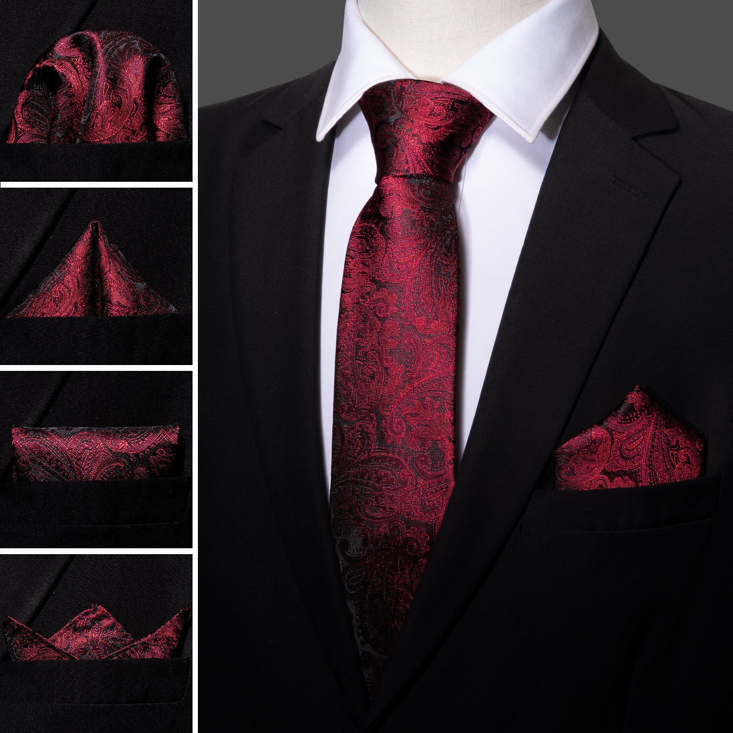 Luxury Black Red Paisley Tie Hanky Cufflinks Gift Box Set