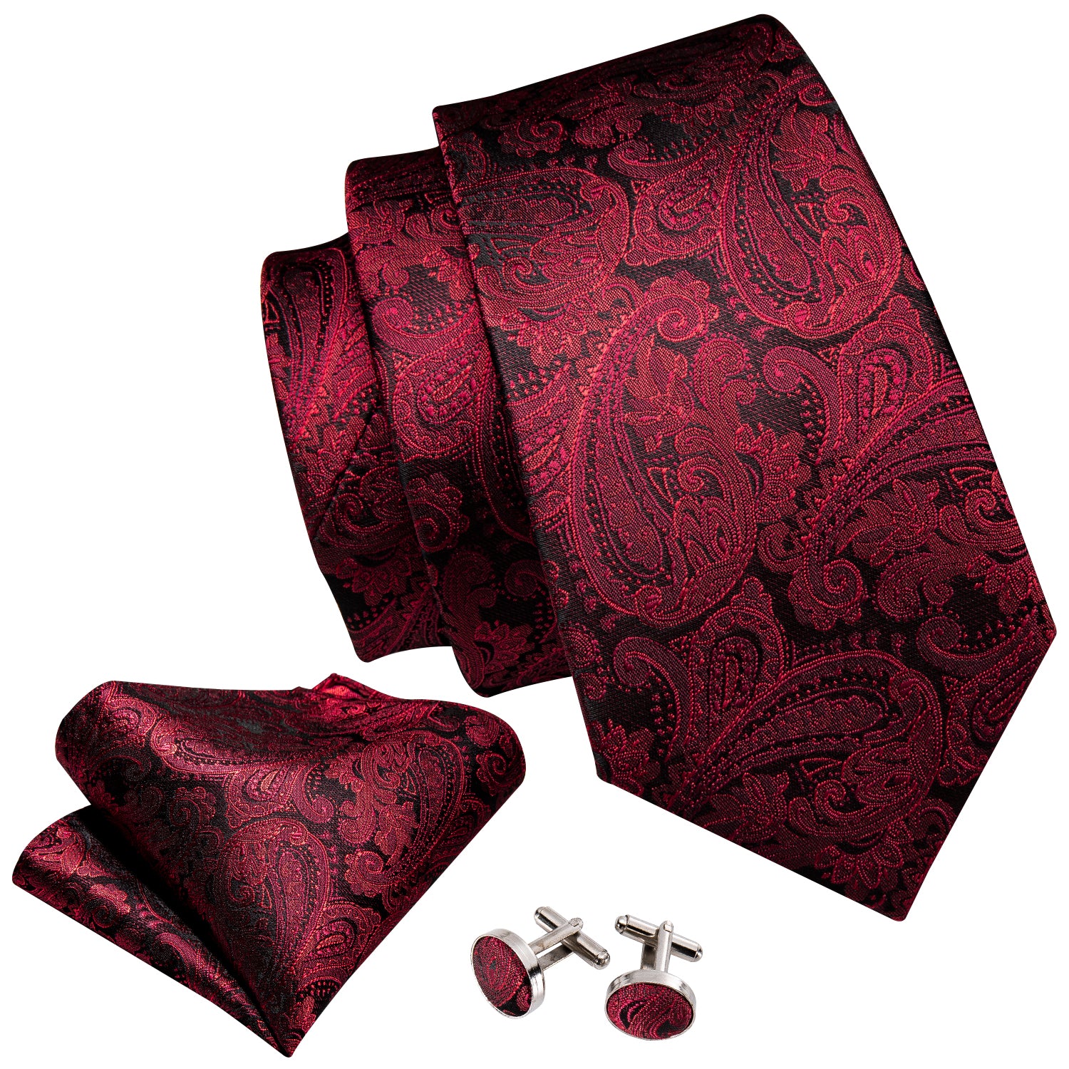 Luxury Black Red Paisley Tie Hanky Cufflinks Gift Box Set