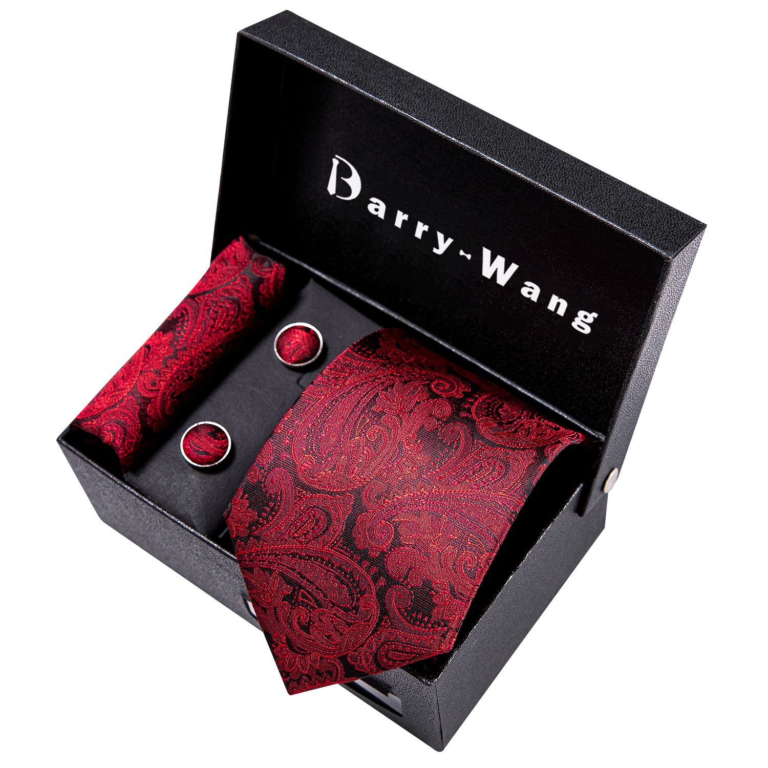 Black Red Paisley Tie Alloy Lapel Pin Brooch Gift Box Set