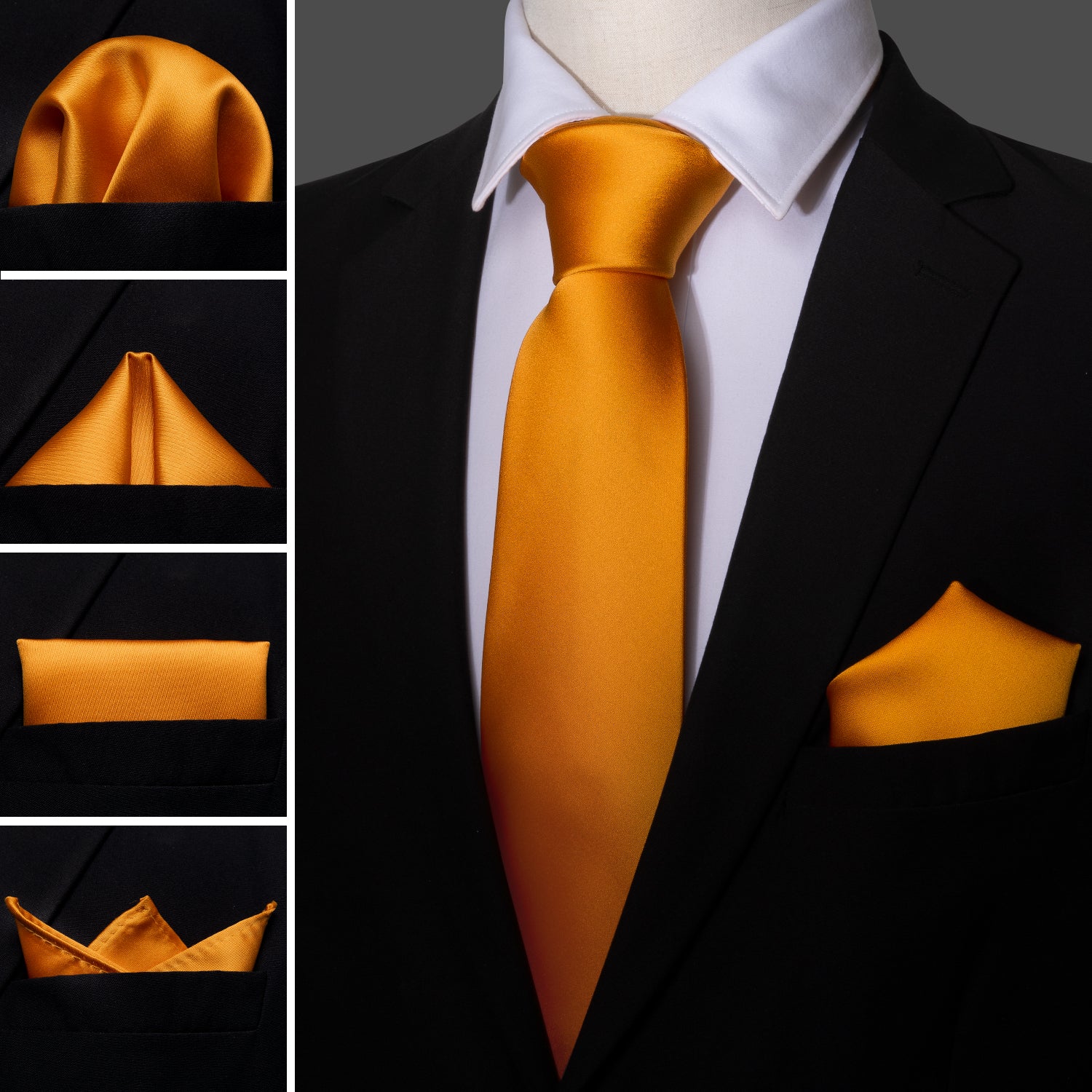 Solid Light Orange Necktie Handkerchief Cufflinks Set