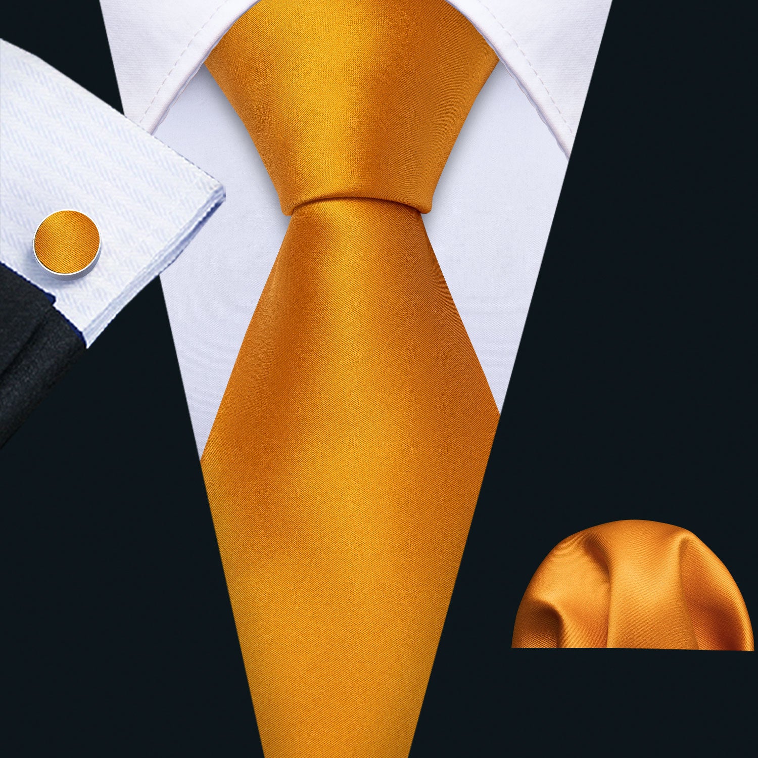 Solid Light Orange Necktie Handkerchief Cufflinks Set