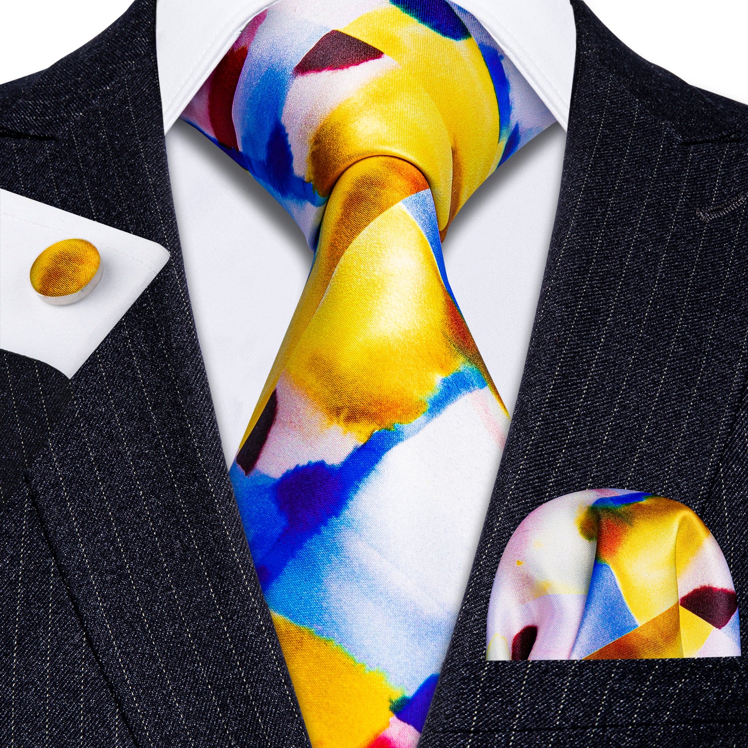 Yellow Blue Novelty Print Silk Tie Hanky Cufflinks Set