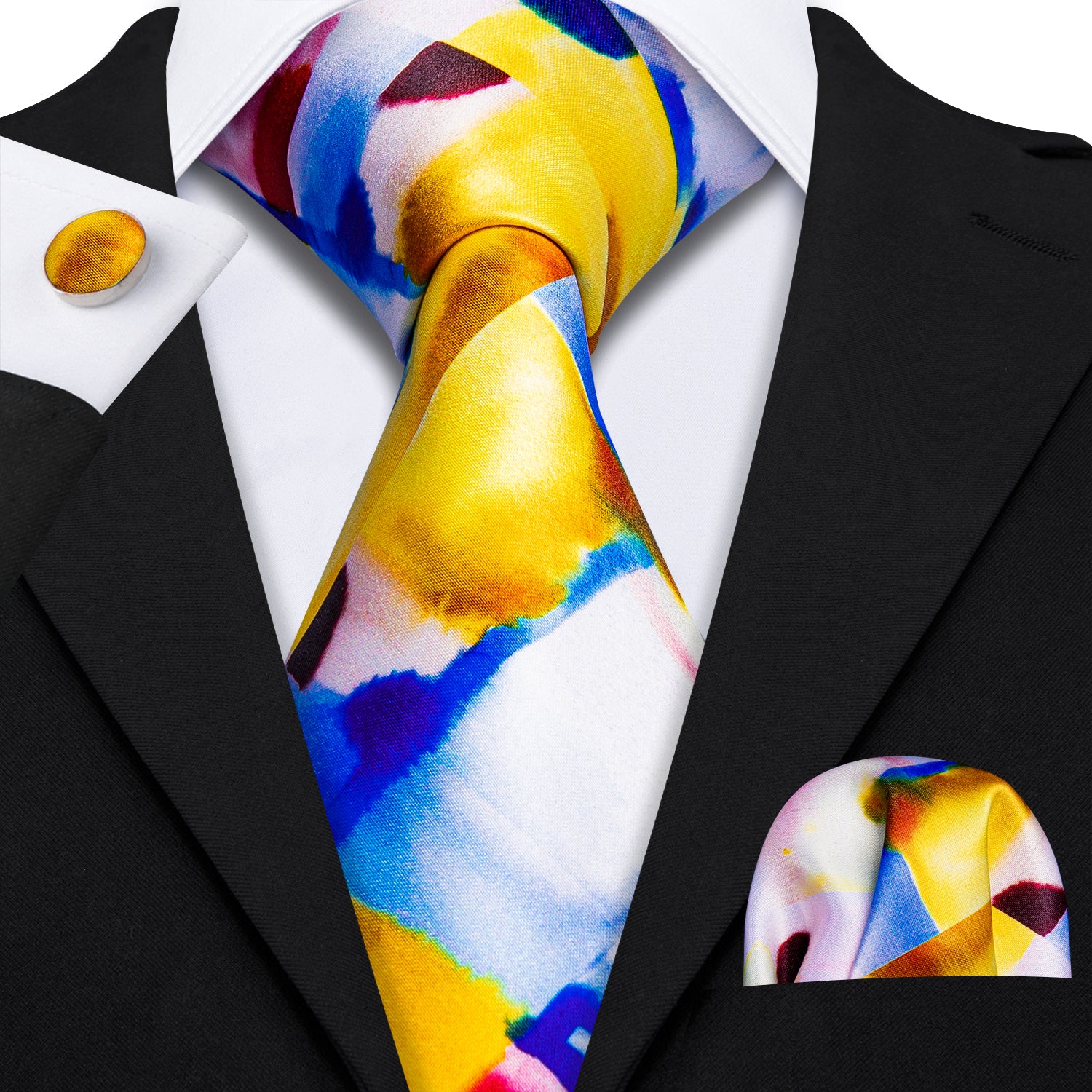 Yellow Blue Novelty Print Silk Tie Hanky Cufflinks Set