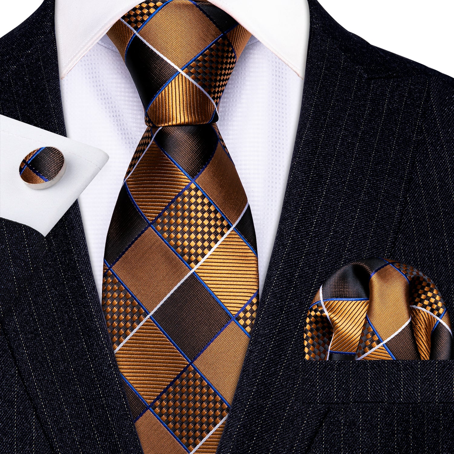 Gold Brown Geometry Plaid Silk Tie Hanky Cufflinks Set