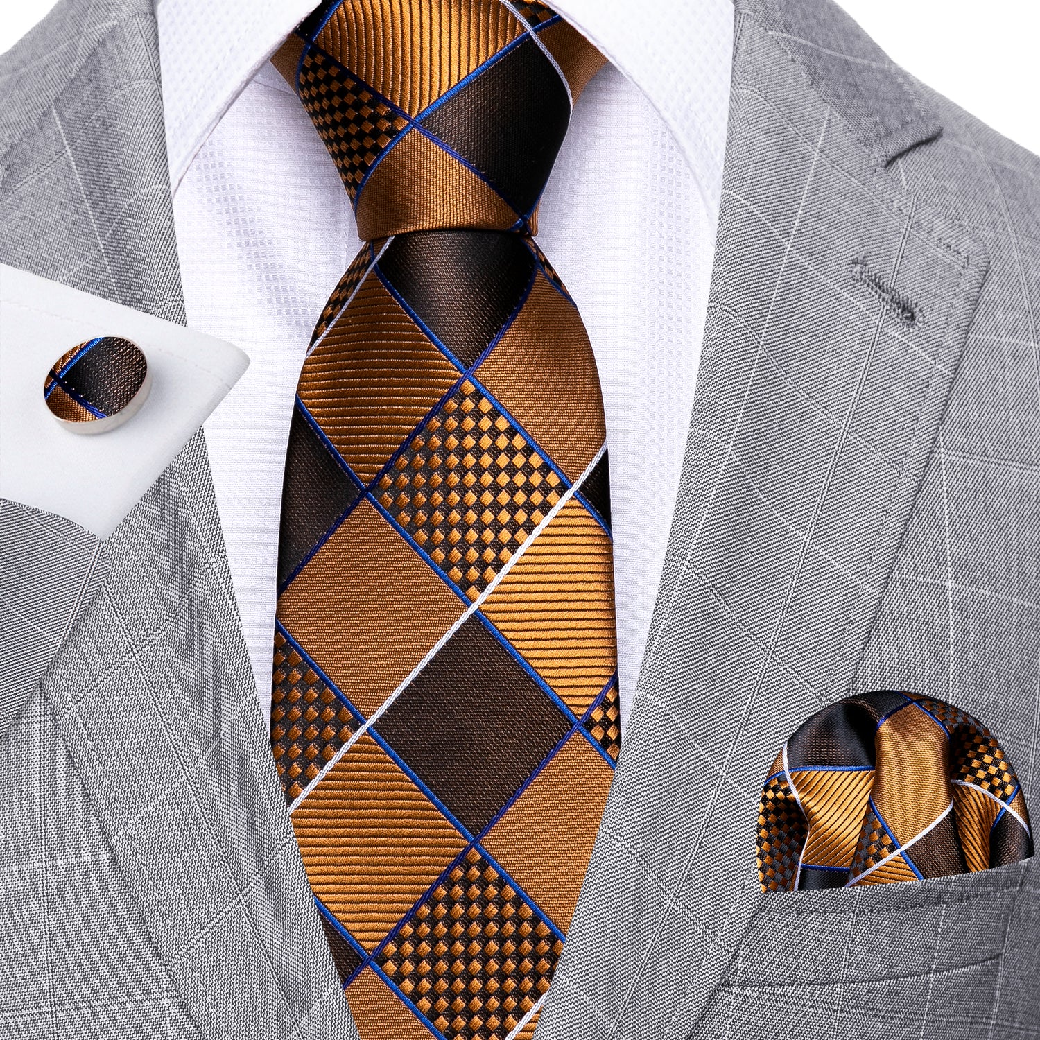 Gold Brown Geometry Plaid Silk Tie Hanky Cufflinks Set