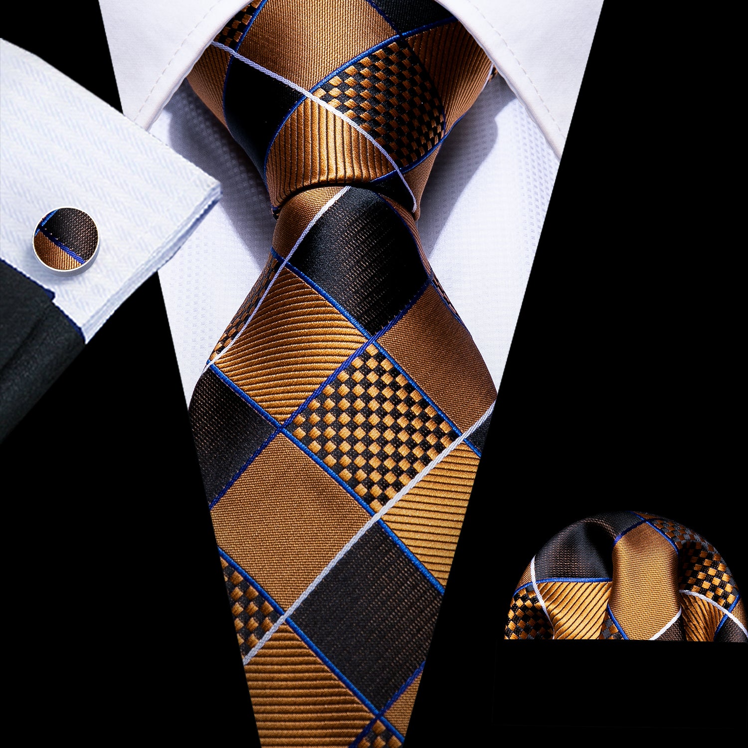 Gold Brown Geometry Plaid Silk Tie Hanky Cufflinks Set