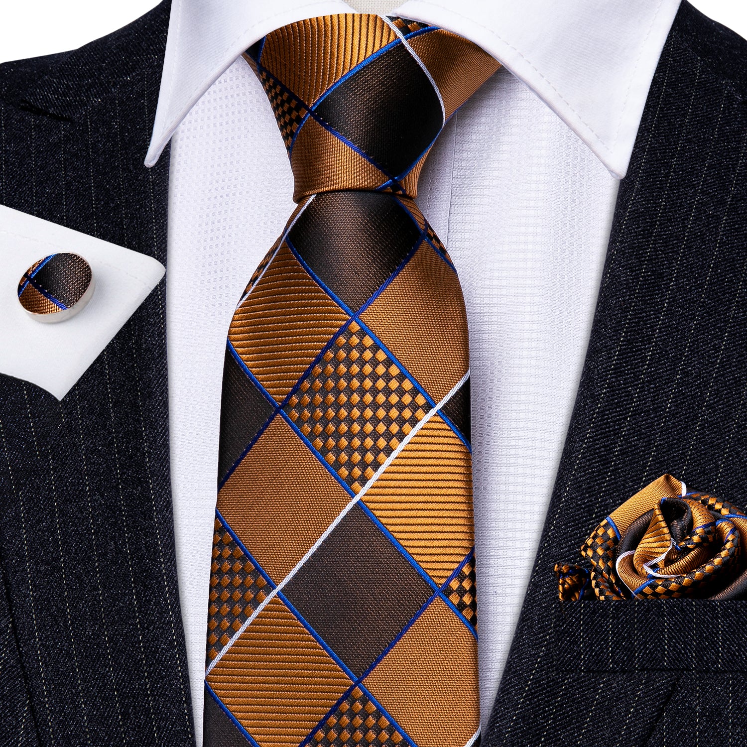 Gold Brown Geometry Plaid Silk Tie Hanky Cufflinks Set