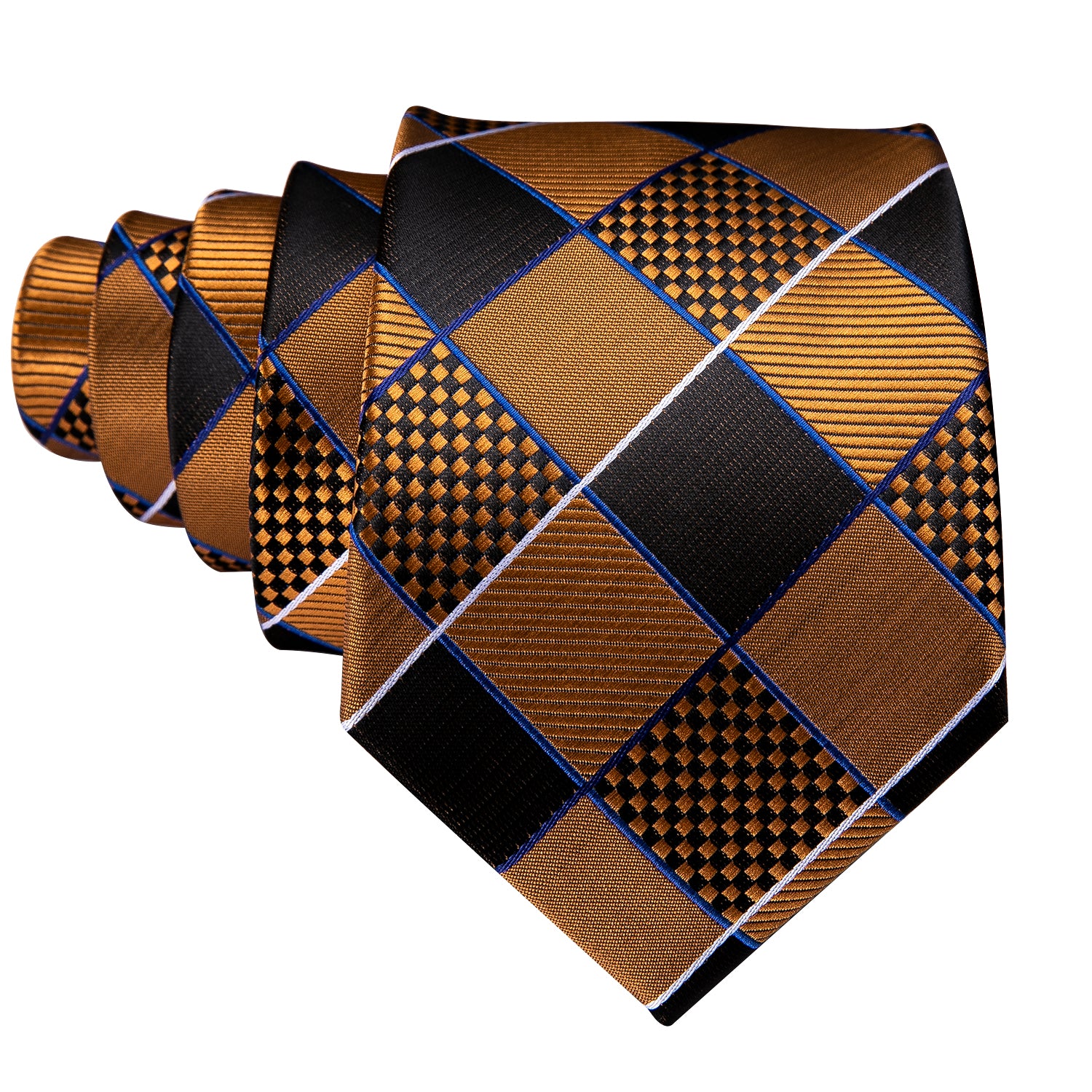 Gold Brown Geometry Plaid Silk Tie Hanky Cufflinks Set