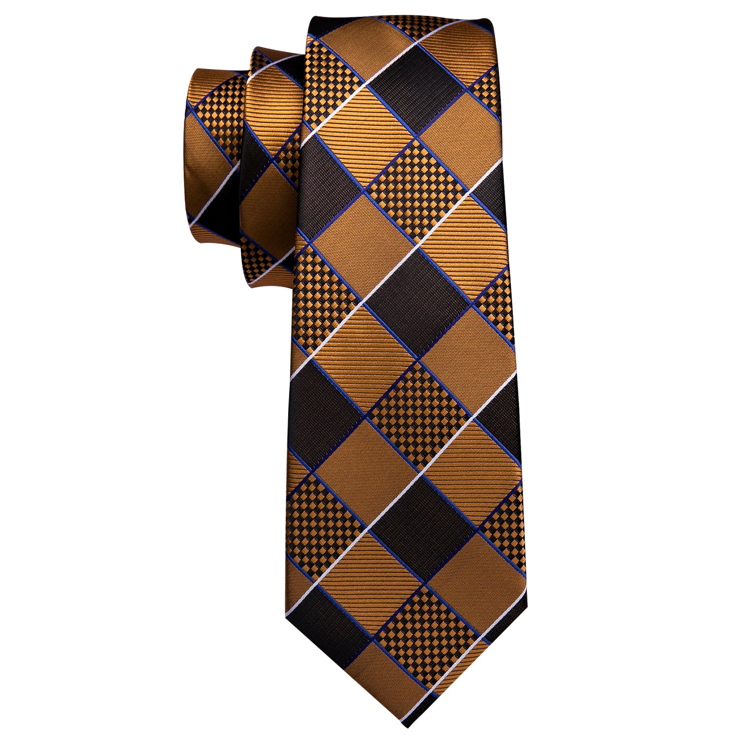 Gold Brown Geometry Plaid Silk Tie Hanky Cufflinks Set