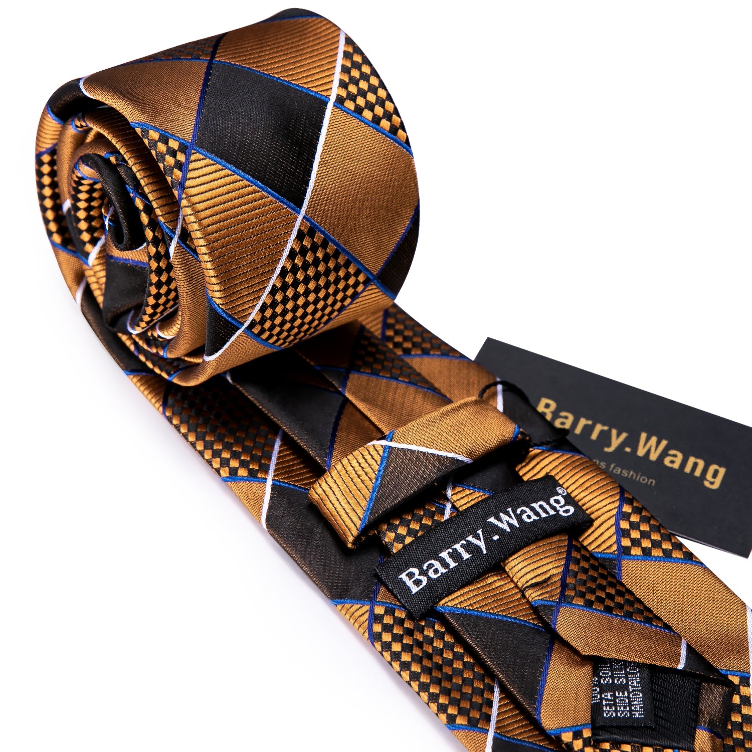 Gold Brown Geometry Plaid Silk Tie Hanky Cufflinks Set