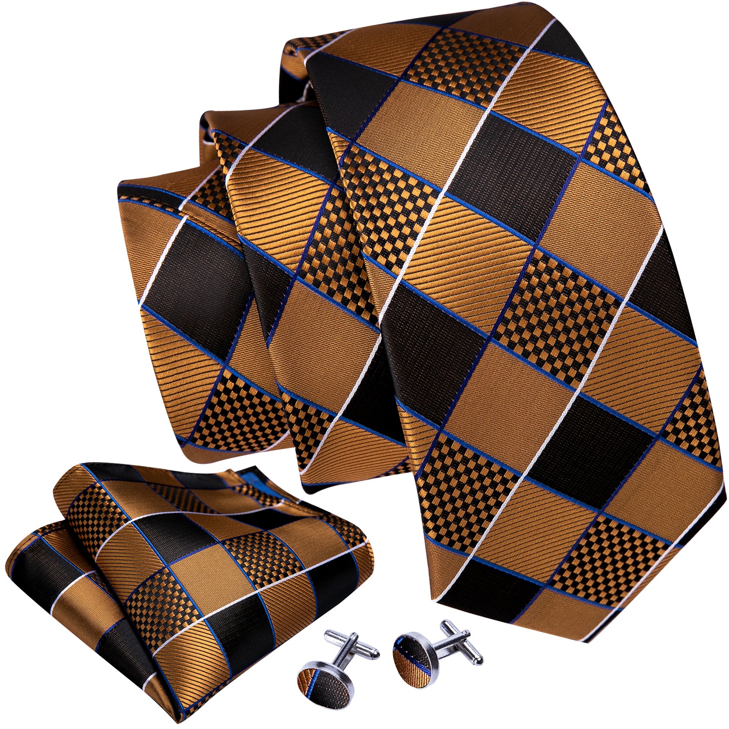 Gold Brown Geometry Plaid Silk Tie Hanky Cufflinks Set